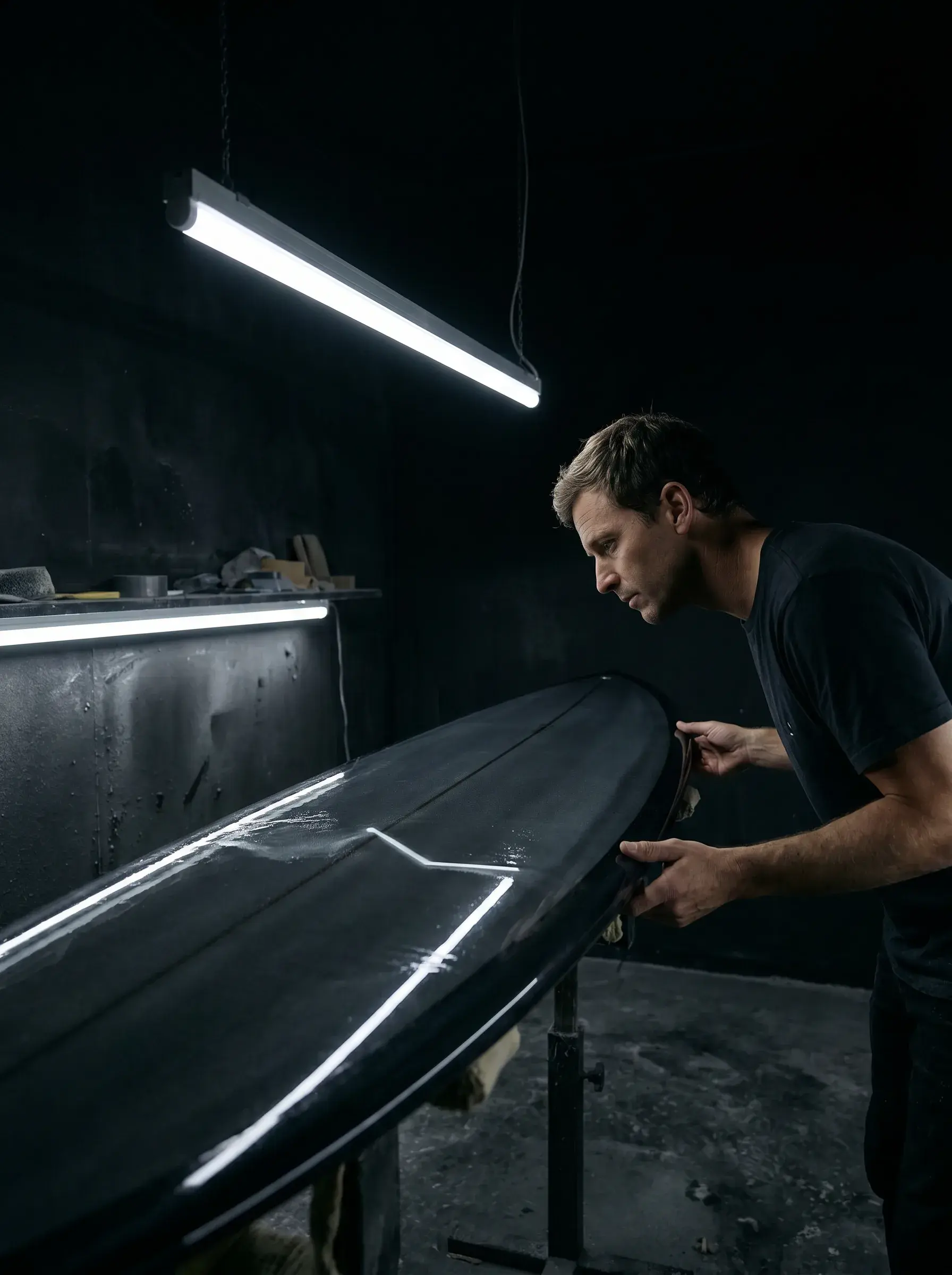 Artisan finissant une planche de surf noire sous un néon dans un atelier obscur