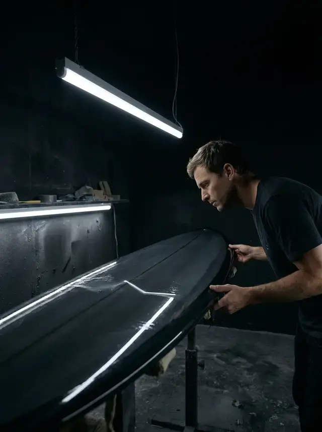 Artisan finissant une planche de surf noire sous un néon dans un atelier obscur