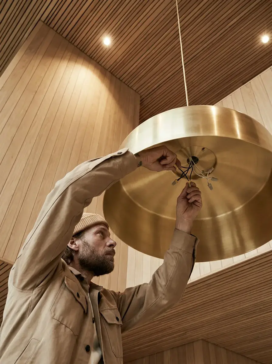 Artisan installant une grande suspension en laiton doré sous un plafond en bois