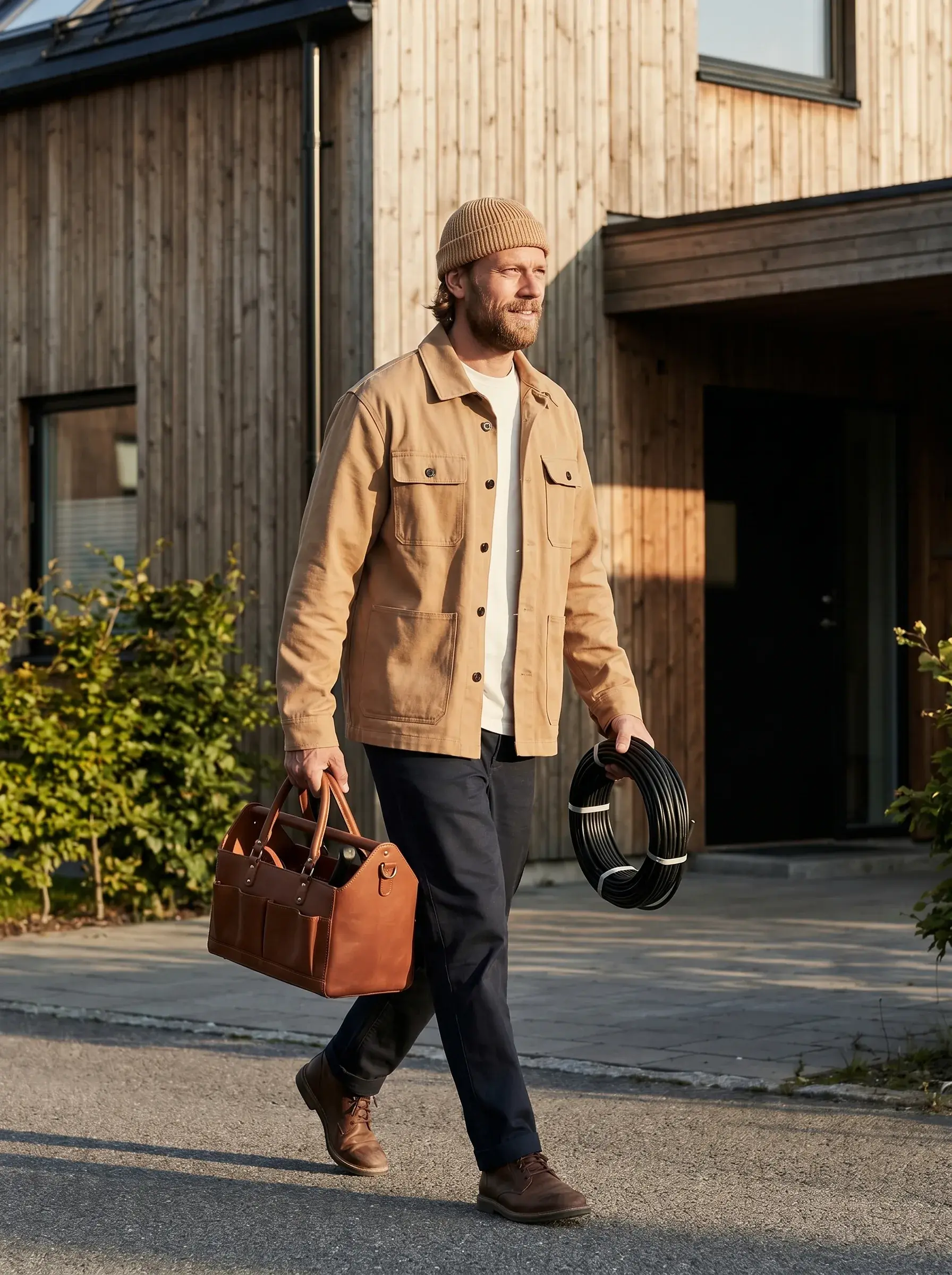 Artisan marchant devant une maison en bois moderne avec sa sacoche en cuir et un rouleau de câble