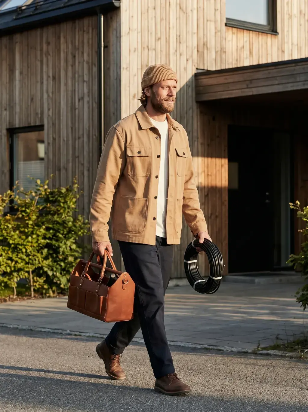 Artisan marchant devant une maison en bois moderne avec sa sacoche en cuir et un rouleau de câble