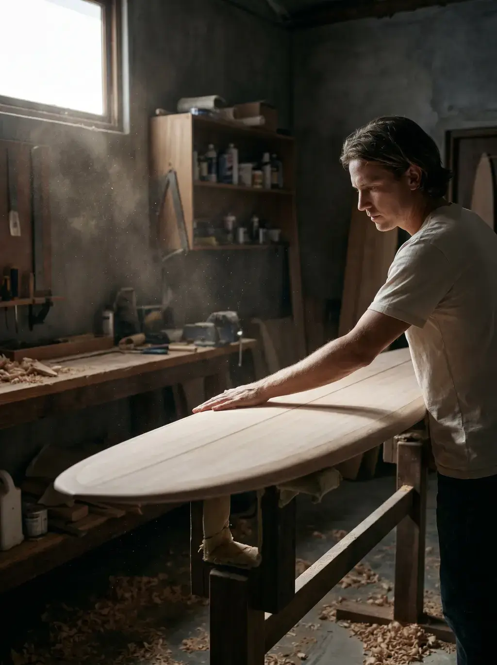Artisan ponçant une planche de surf dans un atelier artisanal sous lumière rasante