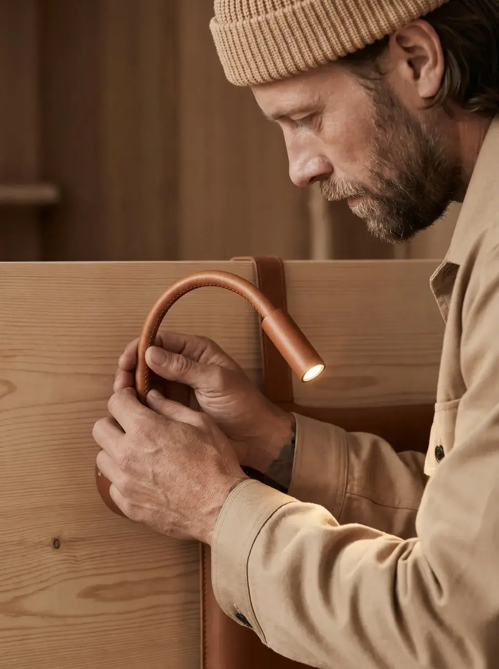 Artisan posant une liseuse flexible en cuir et laiton sur un panneau en bois
