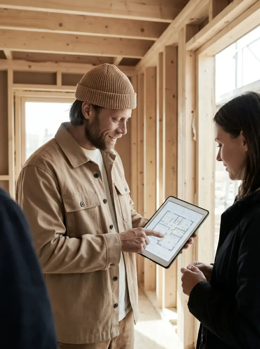Artisan présentant un plan sur tablette à une cliente sur un chantier en ossature bois