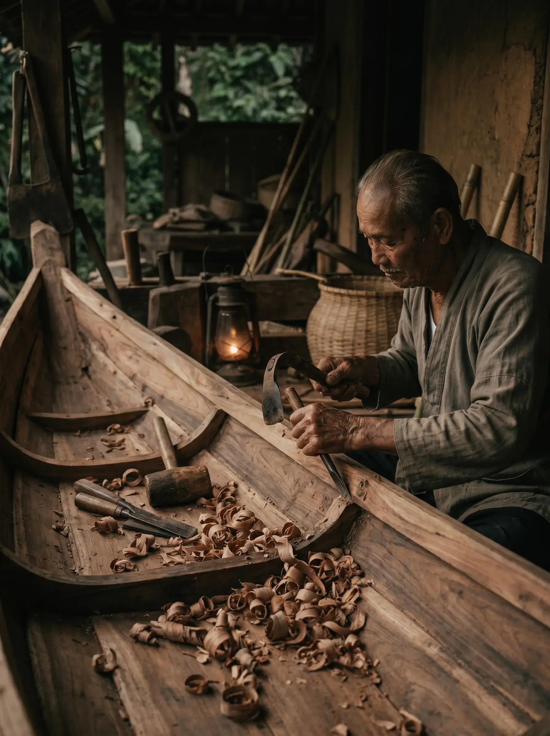 Artisan senior sculptant la coque d'une barque en bois avec ciseau et marteau, atelier sombre encombré, lanterne à pétrole