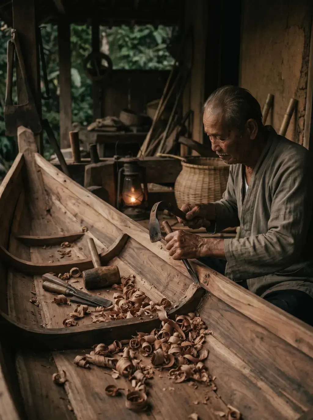 Artisan senior sculptant la coque d'une barque en bois avec ciseau et marteau, atelier sombre encombré, lanterne à pétrole