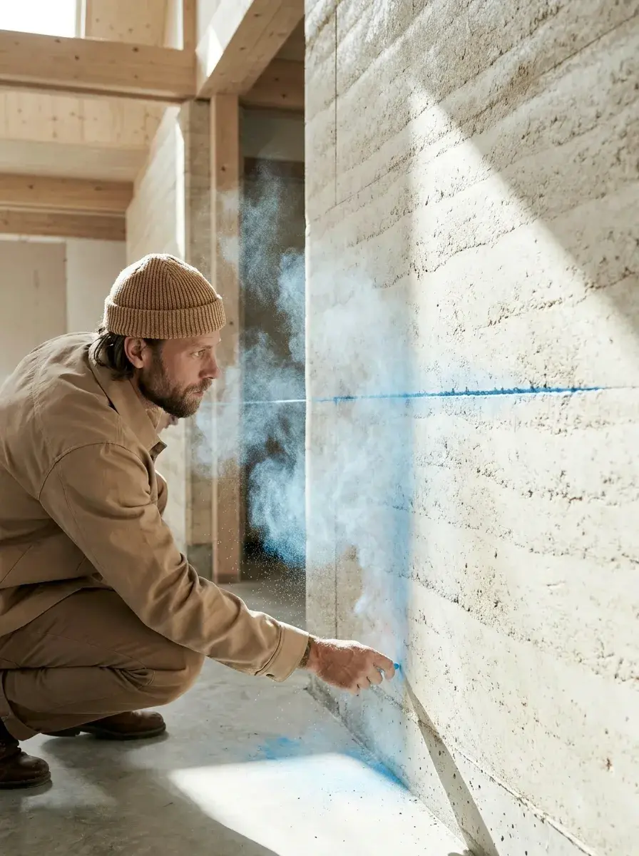 Artisan traçant un niveau laser bleu sur un mur en pisé dans une maison à ossature bois