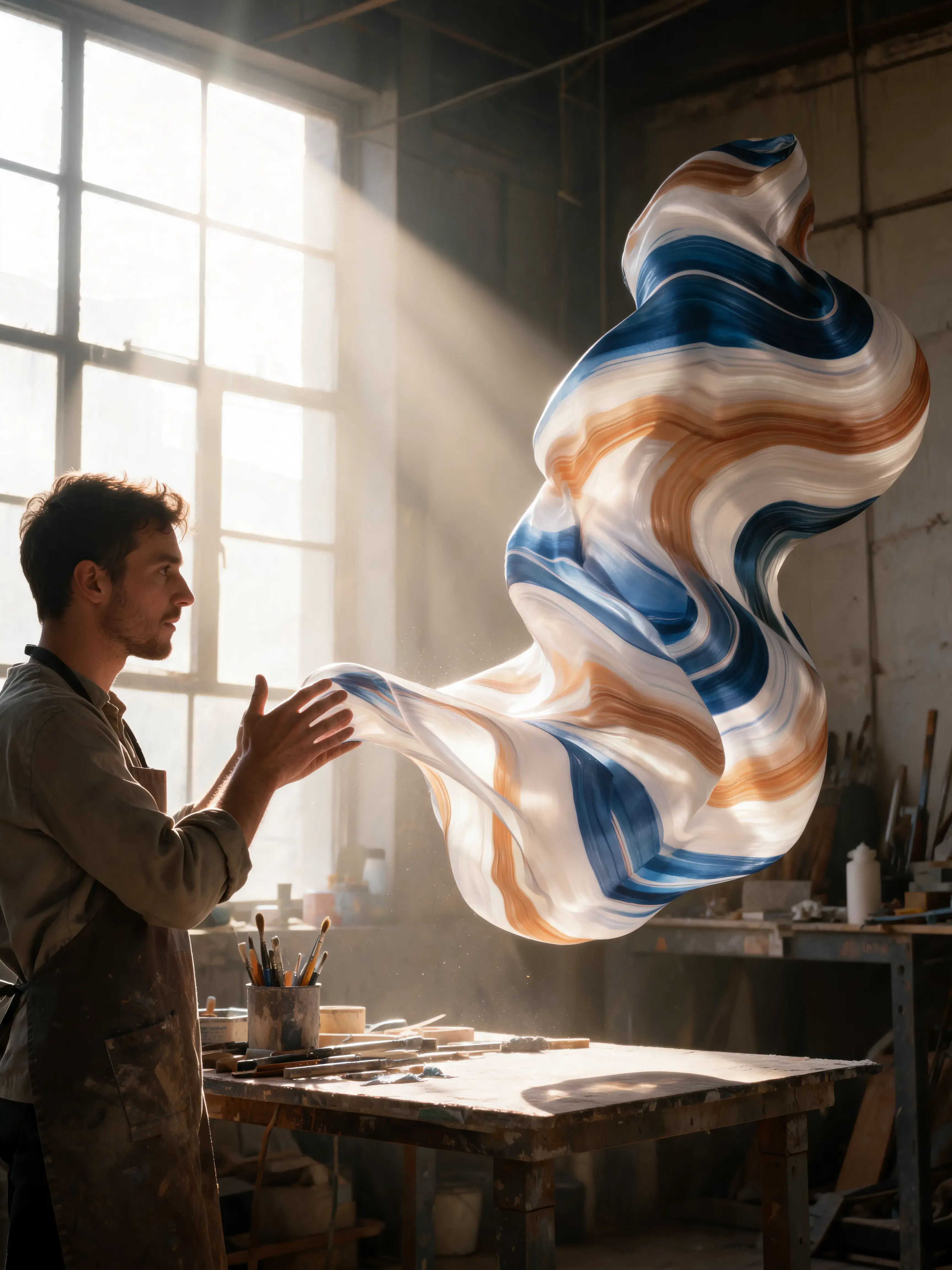 Artiste en atelier manipulant forme de matière marbré flottante – lumière fenêtre, création