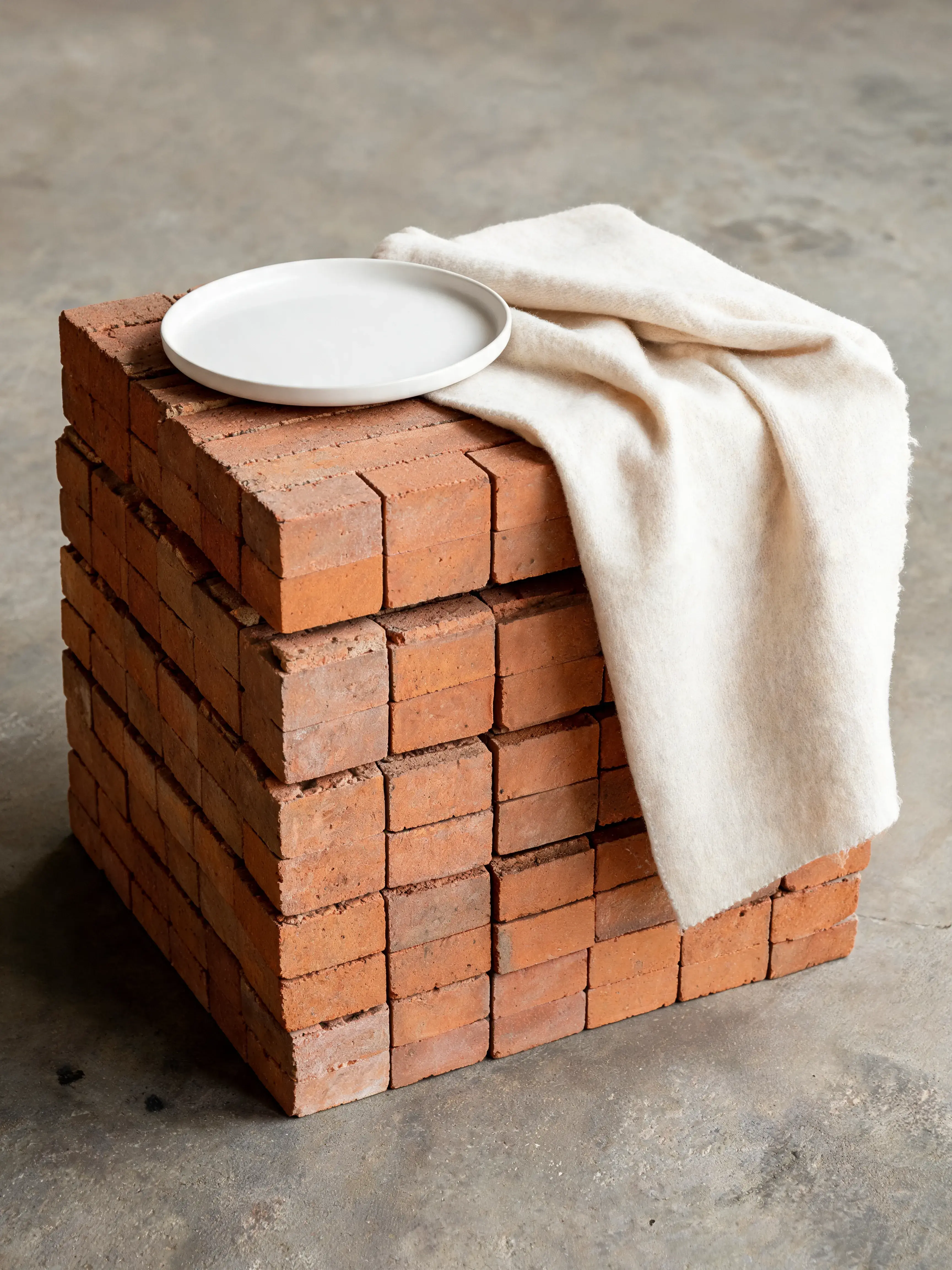 Assiette torchon lin sur pile briques rouges