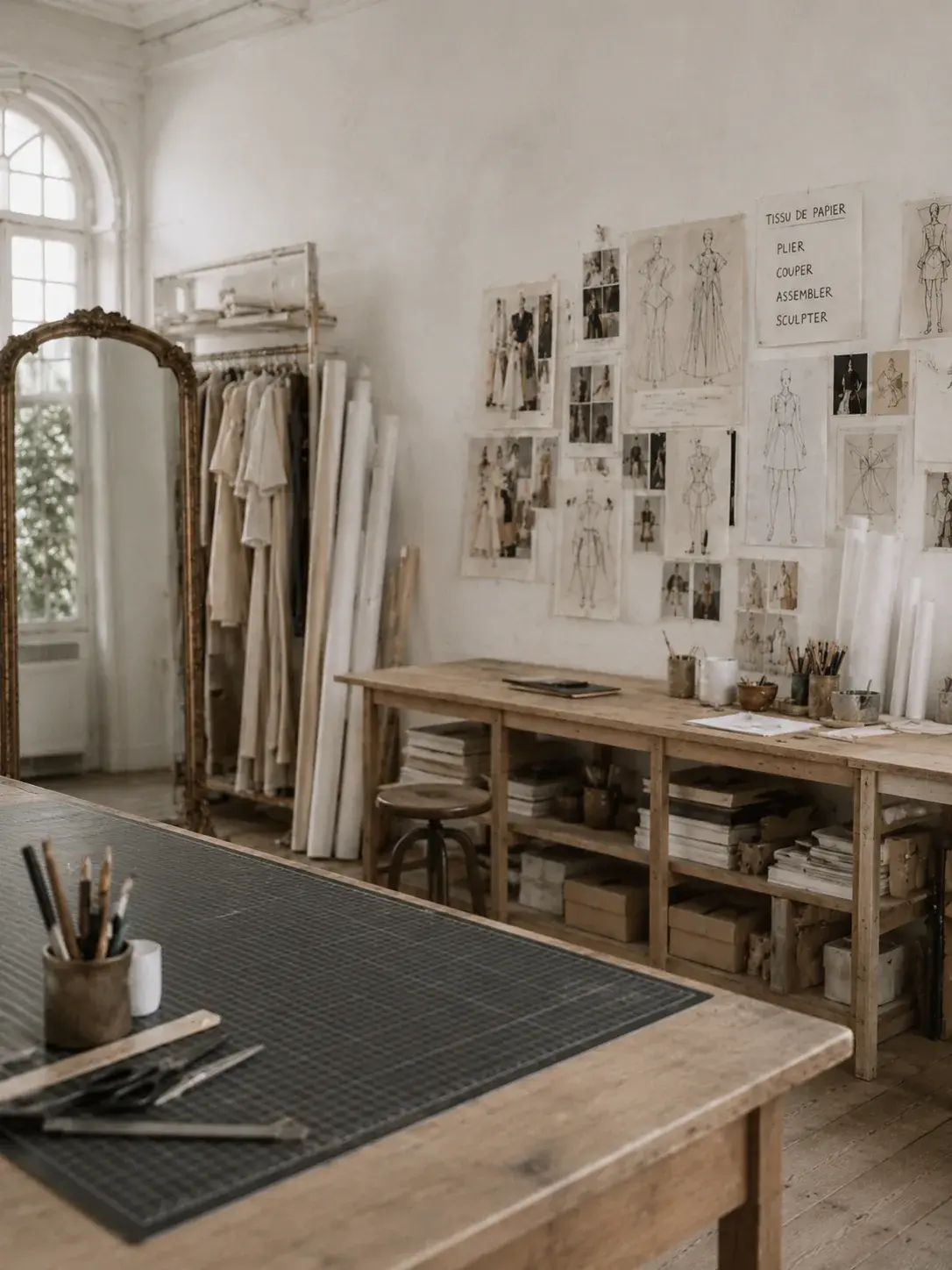 Atelier de couture haussmannien vide – moodboard de croquis, mannequins et portants