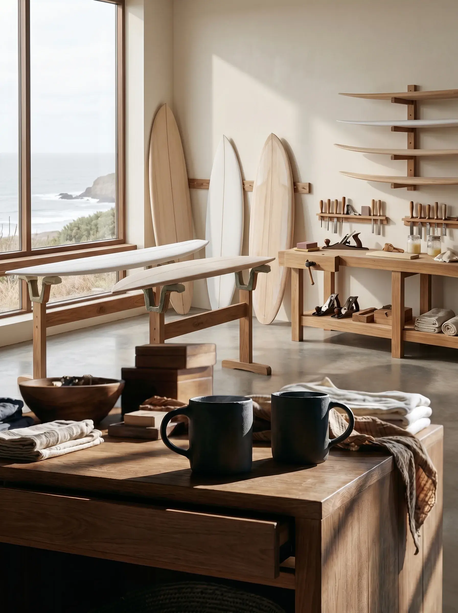Atelier de fabrication de planches de surf avec vue sur l'océan