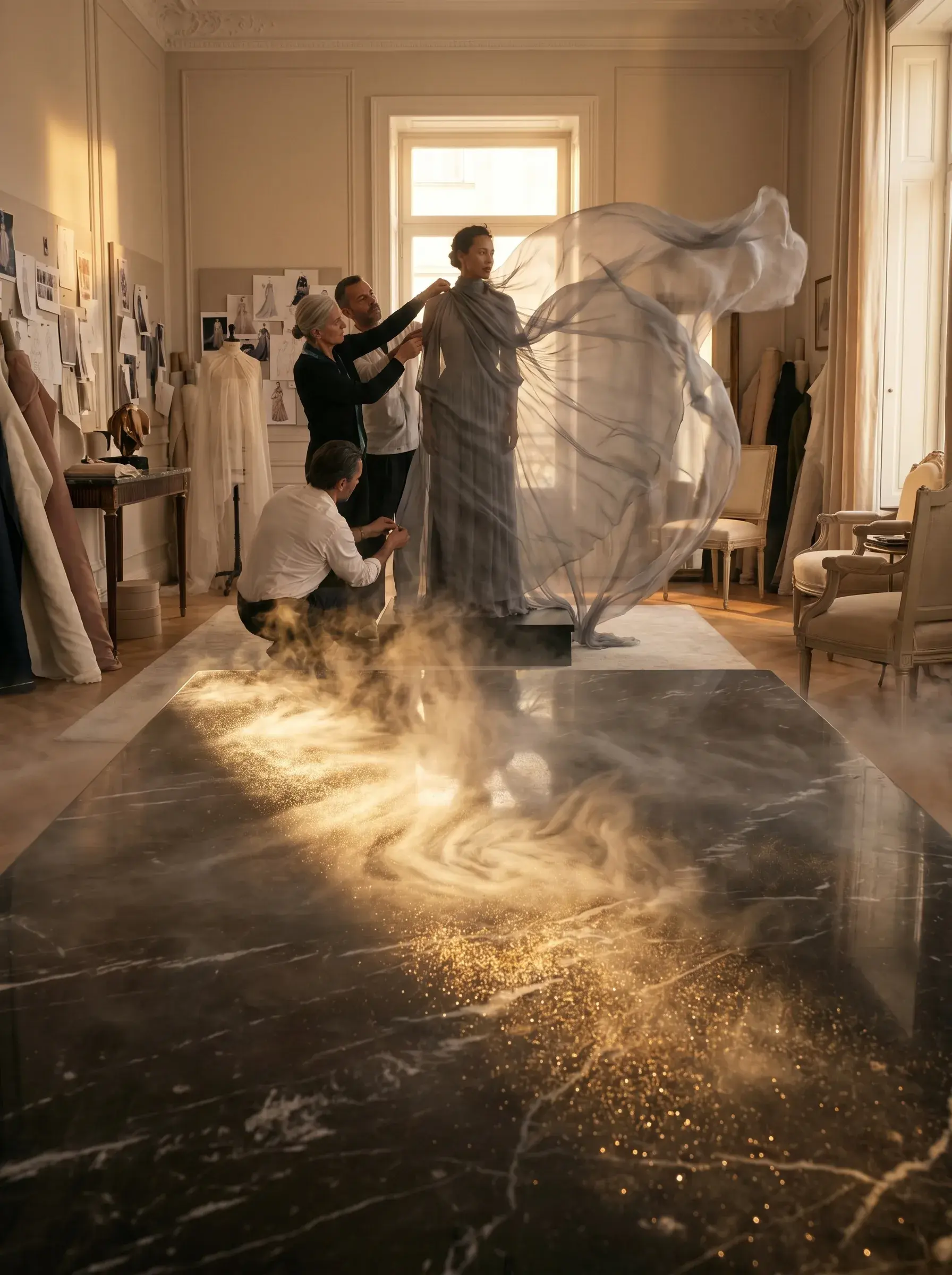 Atelier haute couture – modèle sur table de marbre noir, drapé de gaze, assistants, lumière dorée