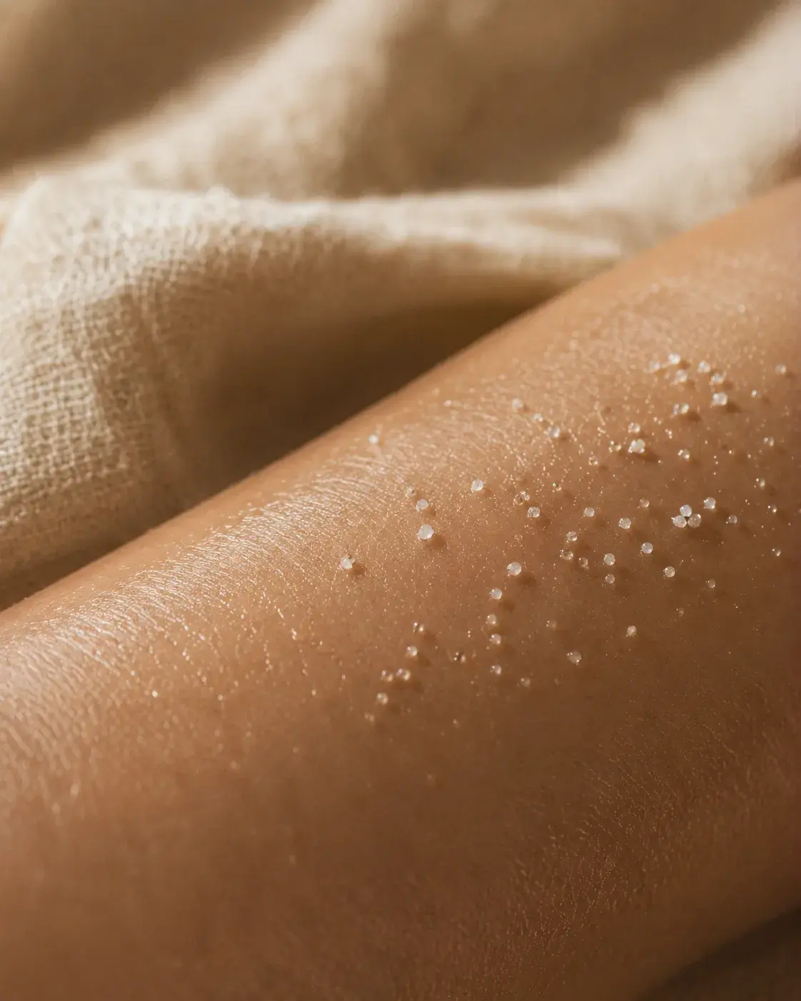 Avant-bras avec grains de sel marin – soin exfoliant corps sur fond lin beige