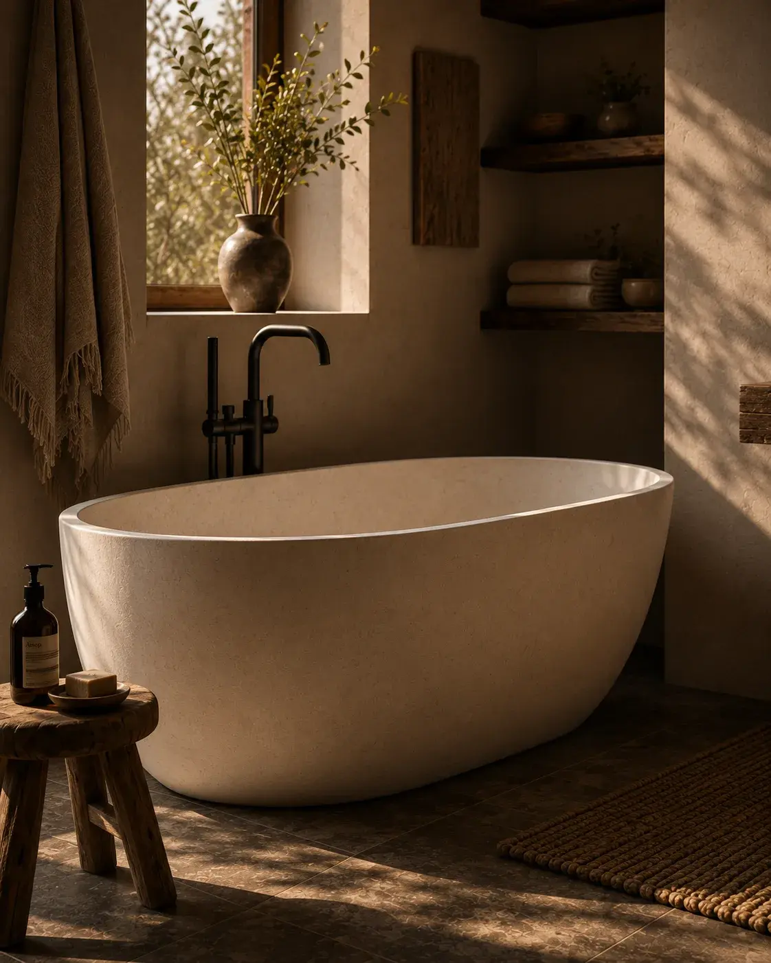Baignoire îlot ovale blanche, salle de bain minimaliste éclairage tamisé