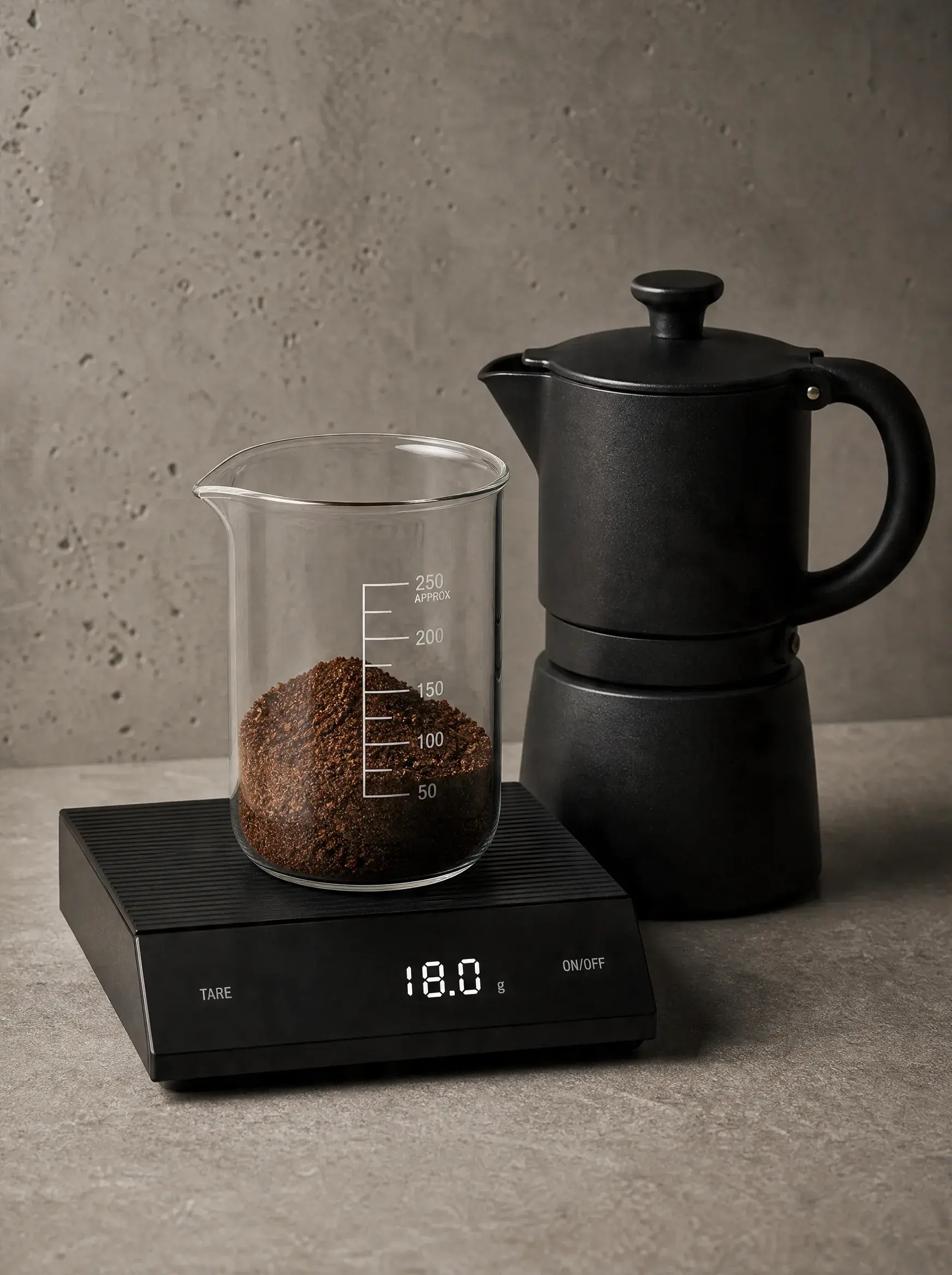 Balance numérique avec bécher verre café moulu (18g) – cafetière moka noire, fond béton gris