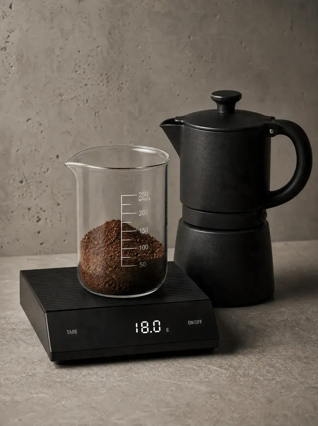 Balance numérique avec bécher verre café moulu (18g) – cafetière moka noire, fond béton gris