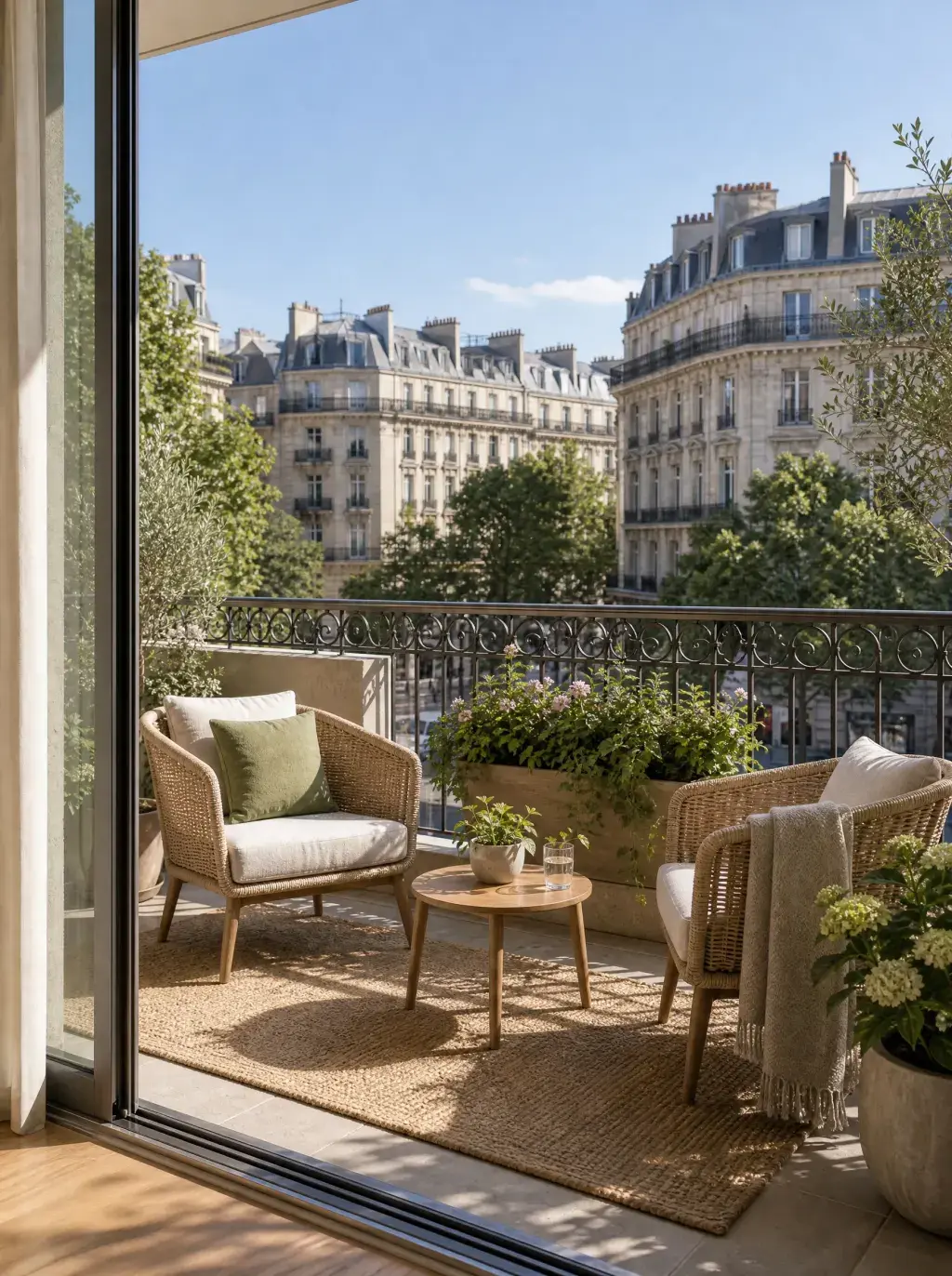 Balcon parisien fleuri avec salon en rotin et vue sur une avenue haussmannienne sous ciel bleu