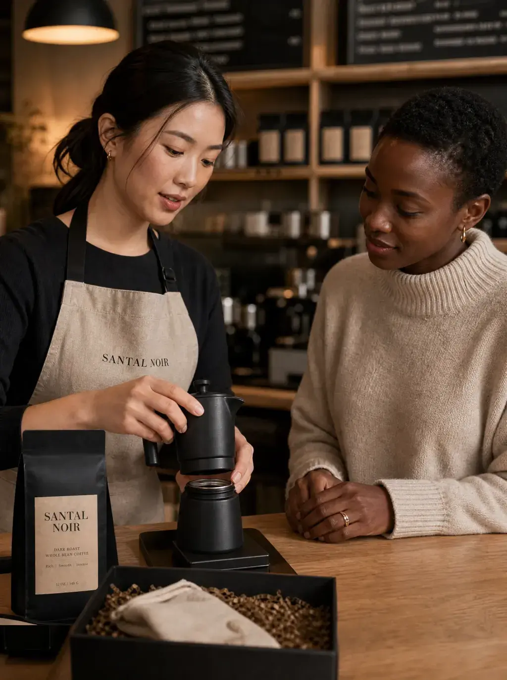 Barista et cliente – démonstration cafetière moka en boutique, tablier lin, coffret café ouvert