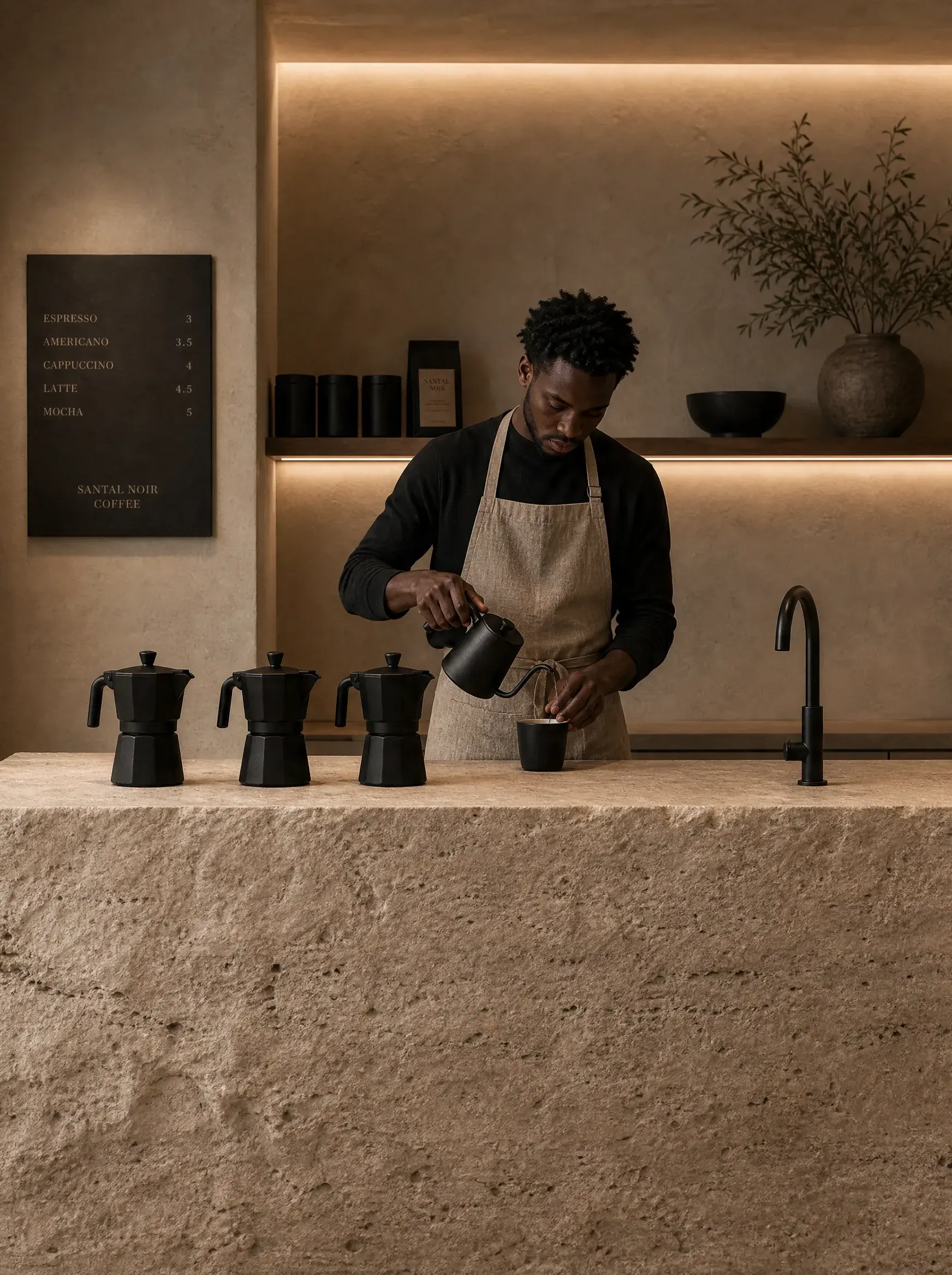 Barista préparant café au comptoir travertin – trois cafetières moka, étagère produits, boutiqueartisanale