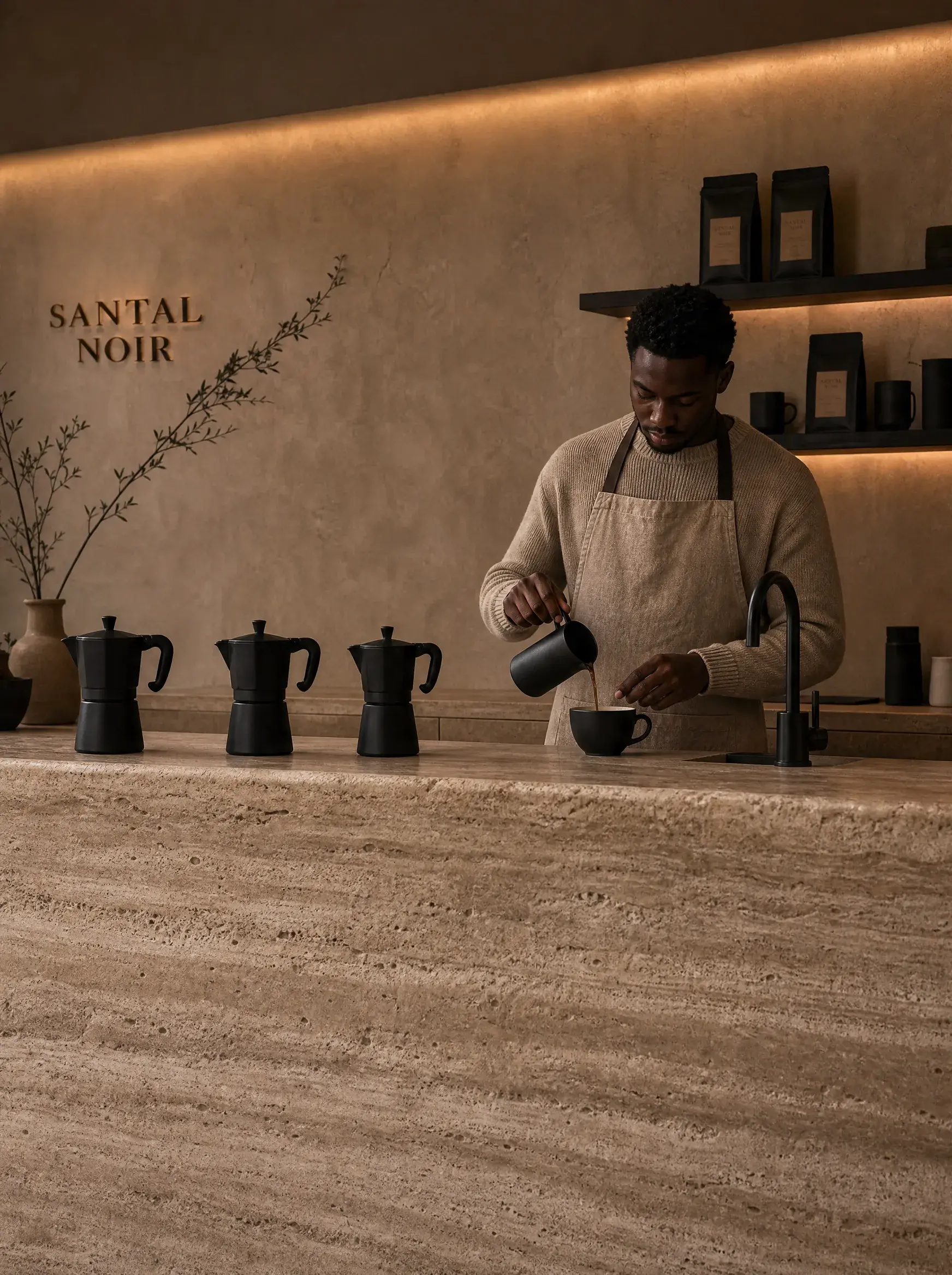 Barista versant lait dans tasse – comptoir travertin, trois cafetières moka, éclairage ambiance doré
