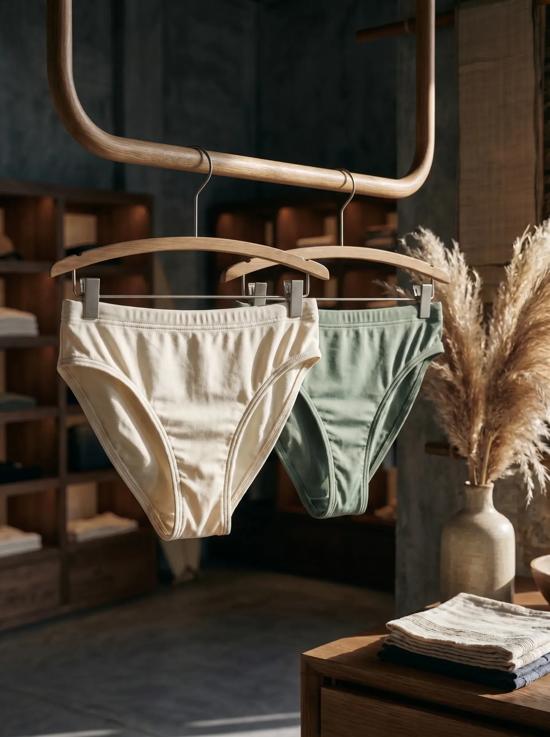 Bas de maillots sur cintres dans une boutique lifestyle