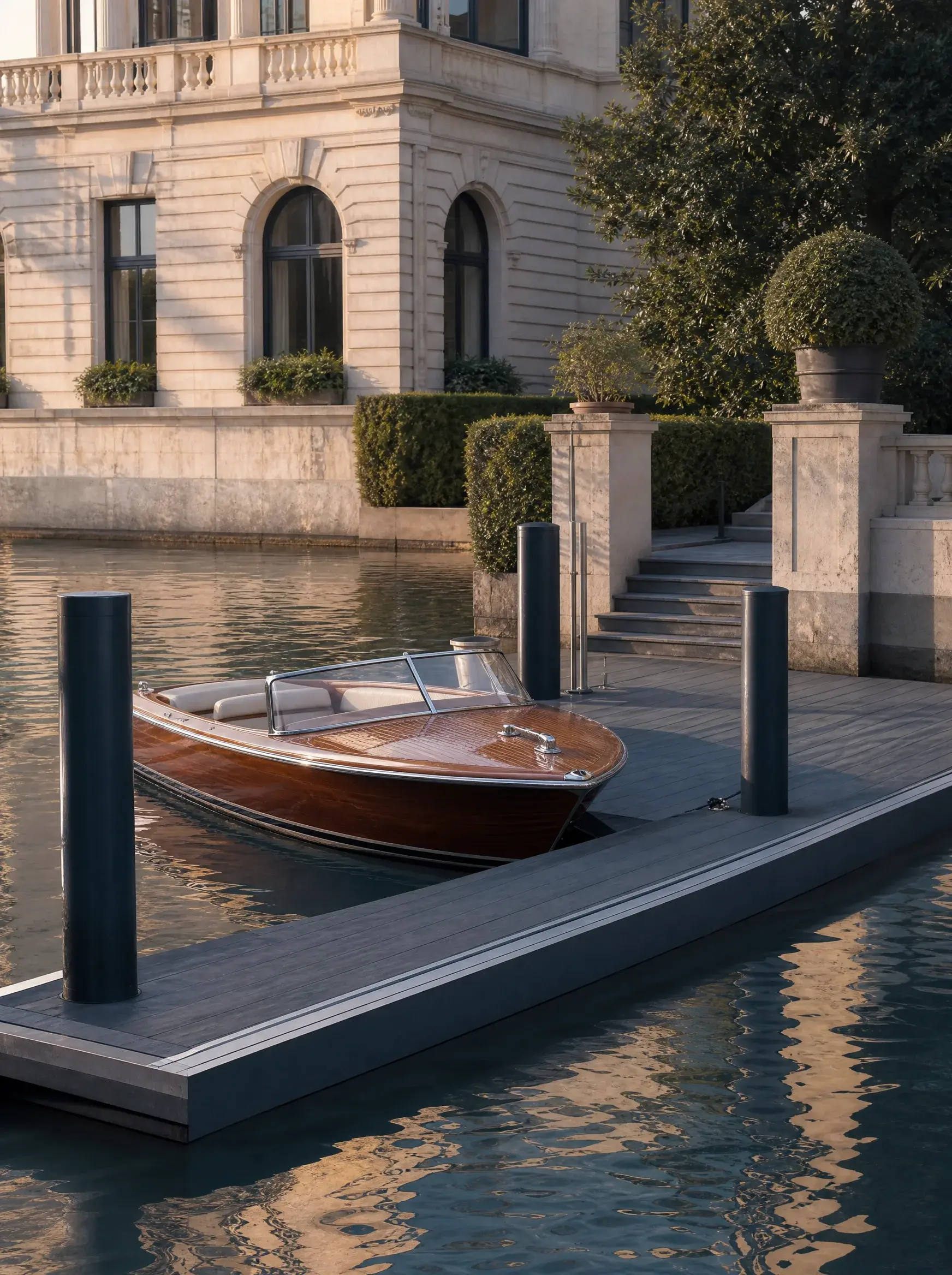 Bateau en bois verni amarré à un ponton devant une villa néoclassique au bord d'un lac au coucher de soleil