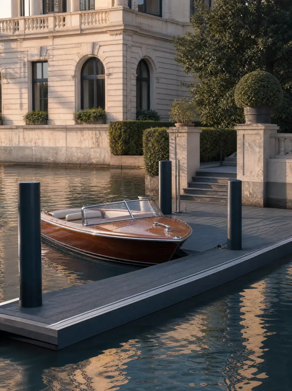Bateau en bois verni amarré à un ponton devant une villa néoclassique au bord d'un lac au coucher de soleil
