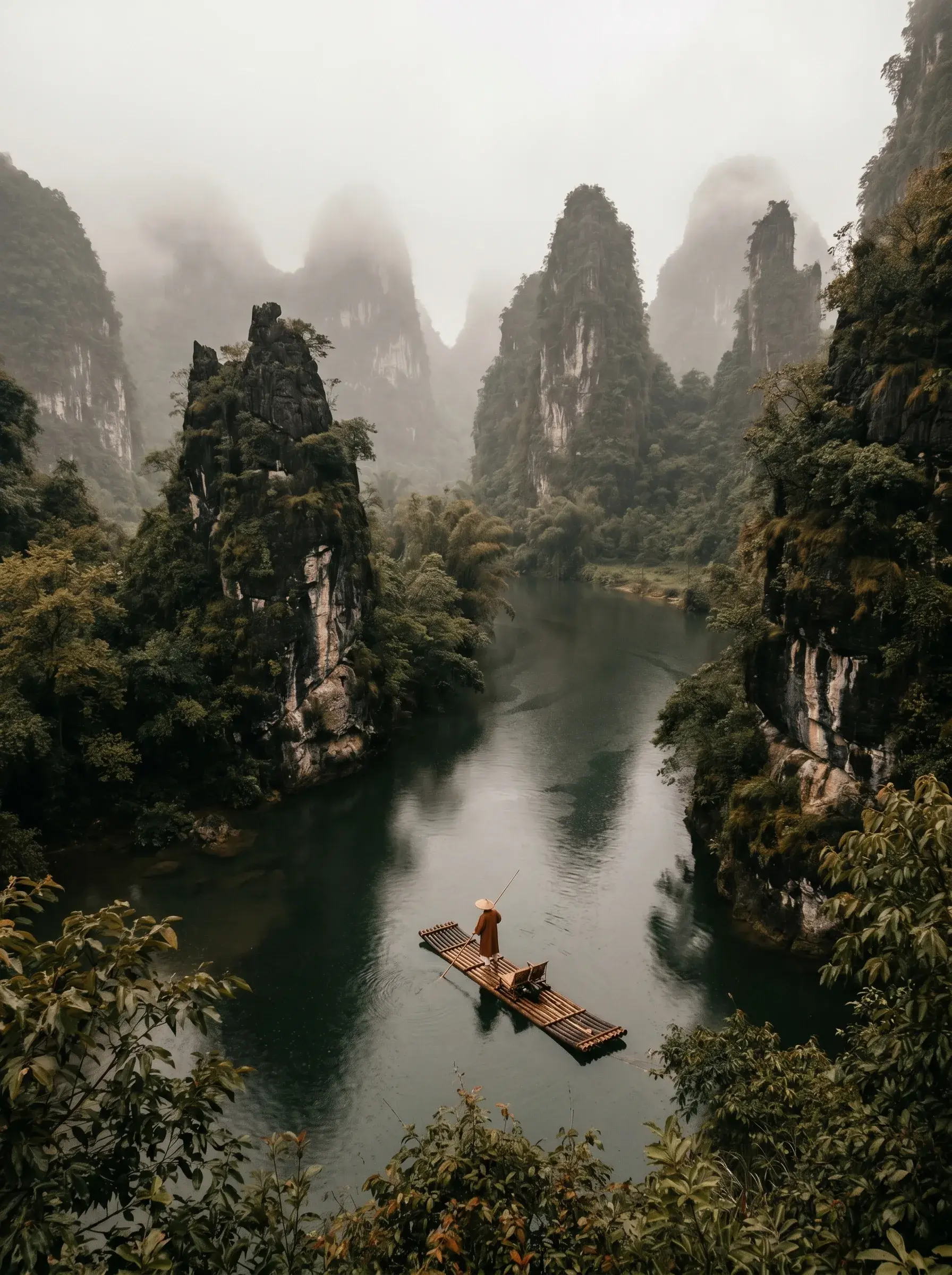 Batelier sur radeau de bambou entre pitons karstiques brumeux – fleuve, Chine du Sud