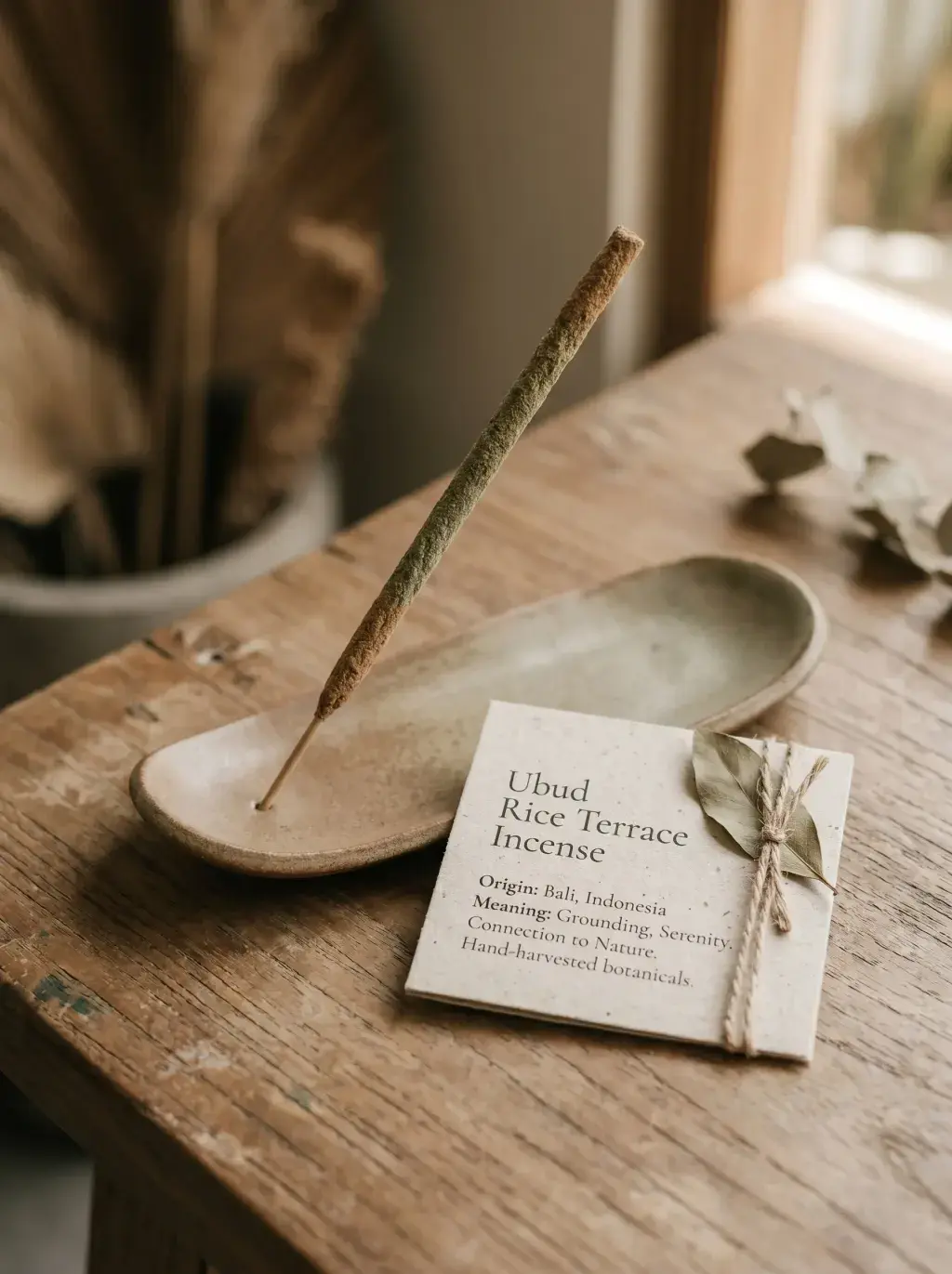 Bâton d'incens « Ubud Rice Terrace Incense » sur porte-encens grès vert avec carte descriptive artisanale, feuilles séchées sur table bois rustique