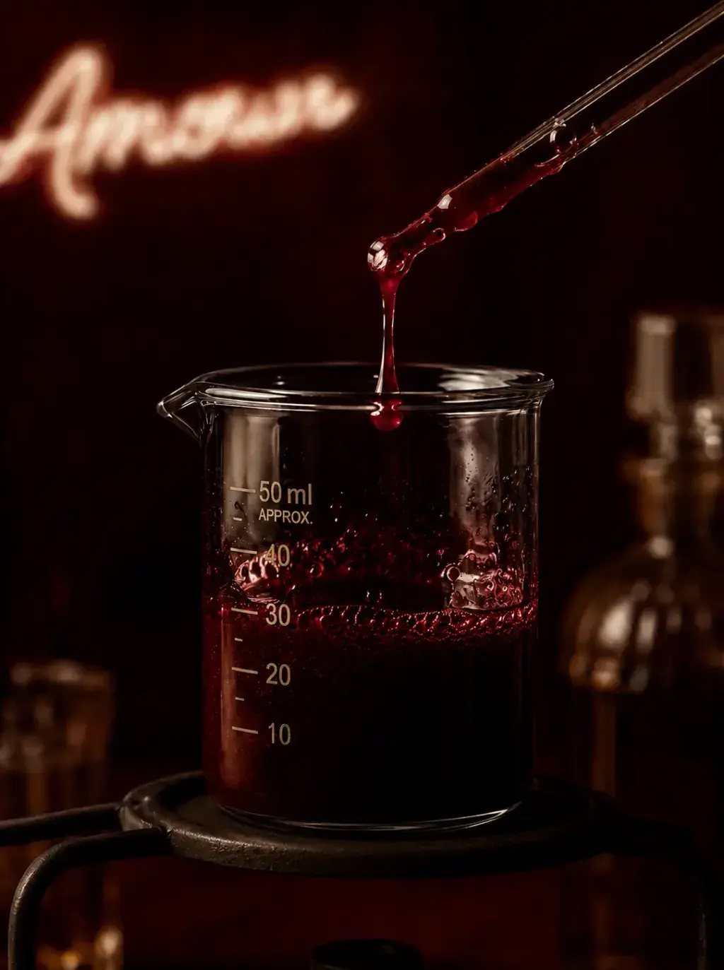 Bécher de laboratoire recevant une goutte de liquide rouge bordeaux profond, néon « Amour » en arrière-plan, verres de chimie en fond