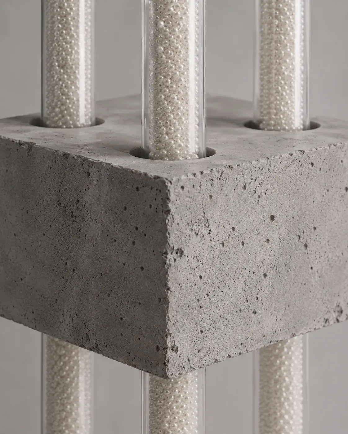 Bloc de béton brut percé de tubes en verre remplis de micro-perles, sculpture architecturale nacrée