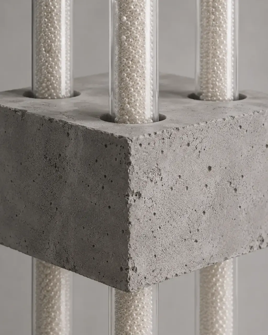 Bloc de béton brut percé de tubes en verre remplis de micro-perles, sculpture architecturale nacrée