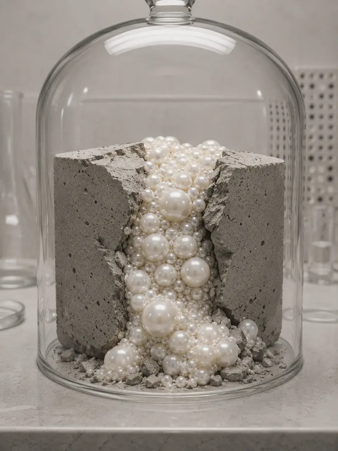 Bloc de béton fissuré laissant jaillir des perles de culture sous une cloche en verre, paillasse de laboratoire