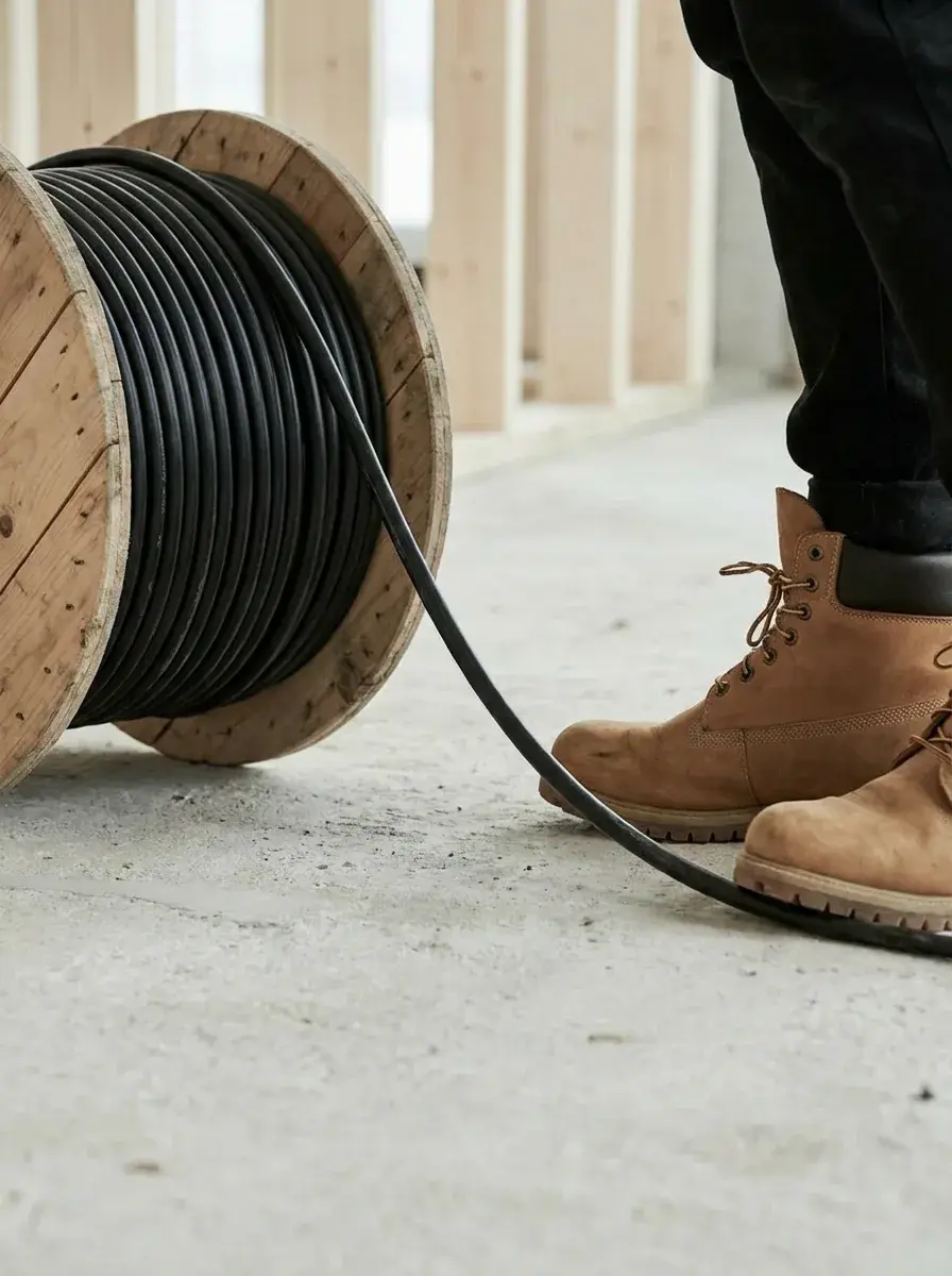 Bobine de câble noir et bottines d'artisan sur le sol béton d'un chantier en bois