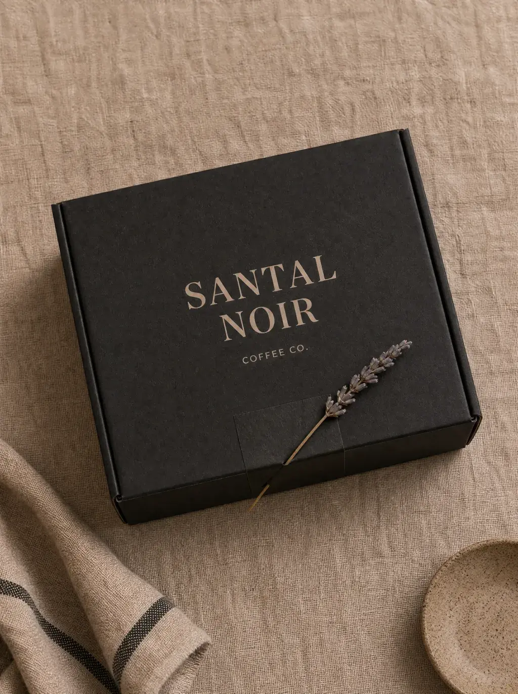 Boîte cadeau noire fermée avec branche lavande – nappe lin rayée, cuillère bois, composition épurée
