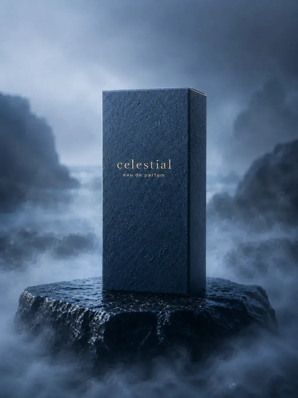 Boîte de parfum Celestial bleue nuit posée sur rocher brumeux, falaises dramatiques et brouillard dense en arrière-plan