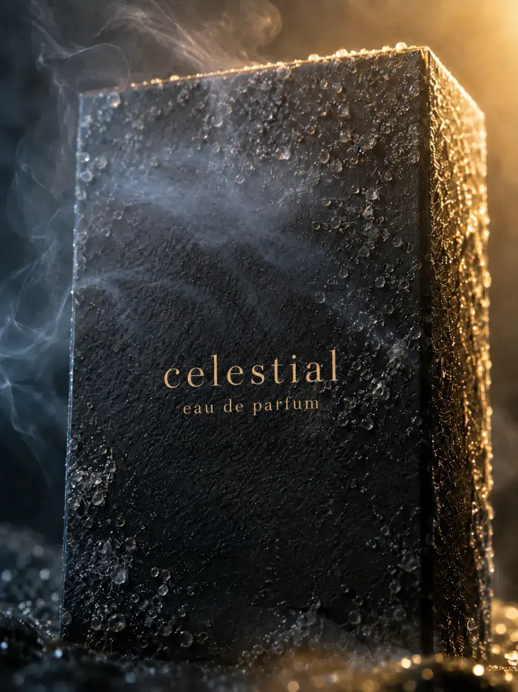 Boîte de parfum Celestial texturée noire couverte de gouttelettes d'eau avec lumière dorée rasante et fumée translucide