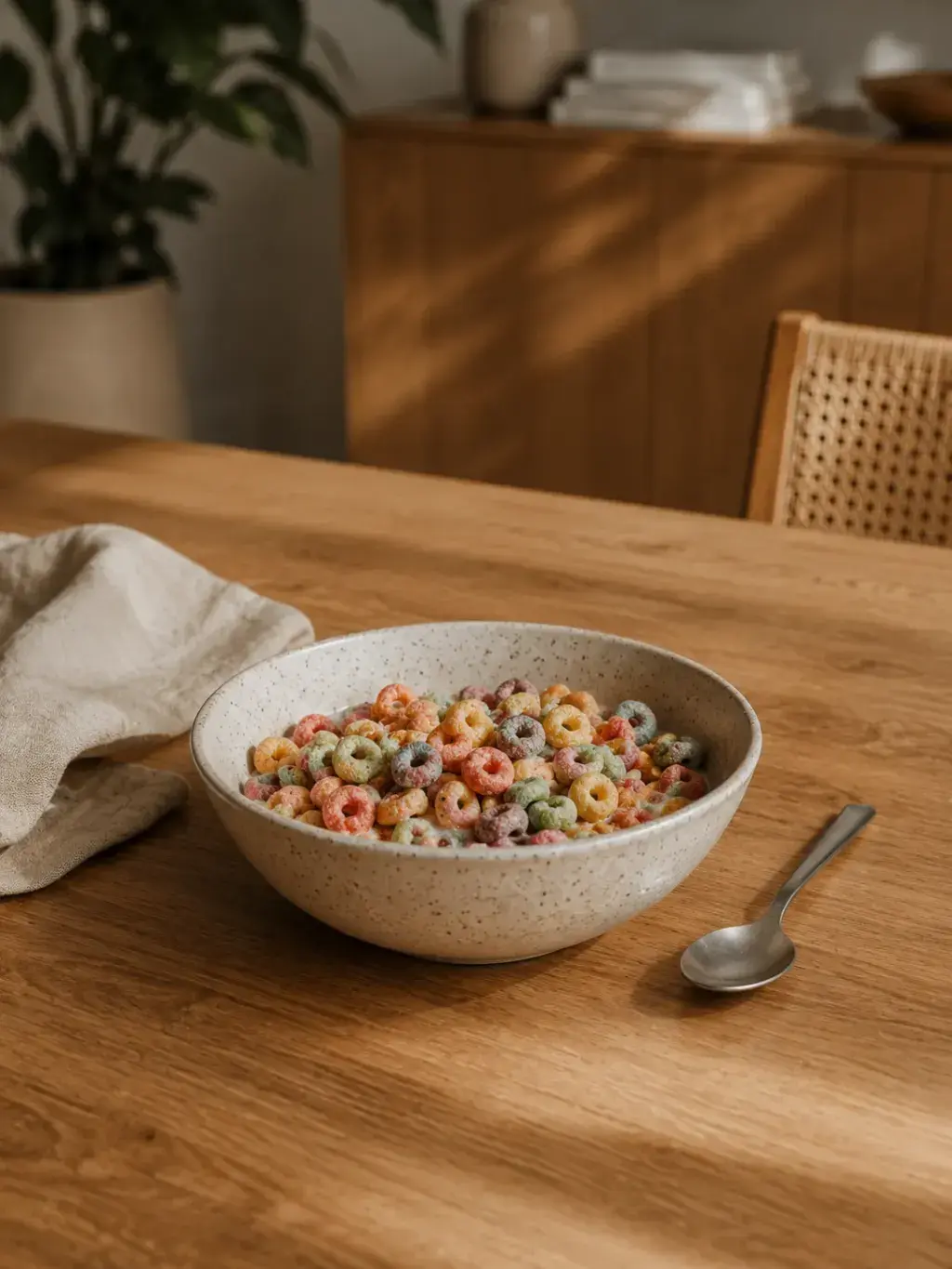 Bol de céréales colorées sur une table en bois avec une cuillère
