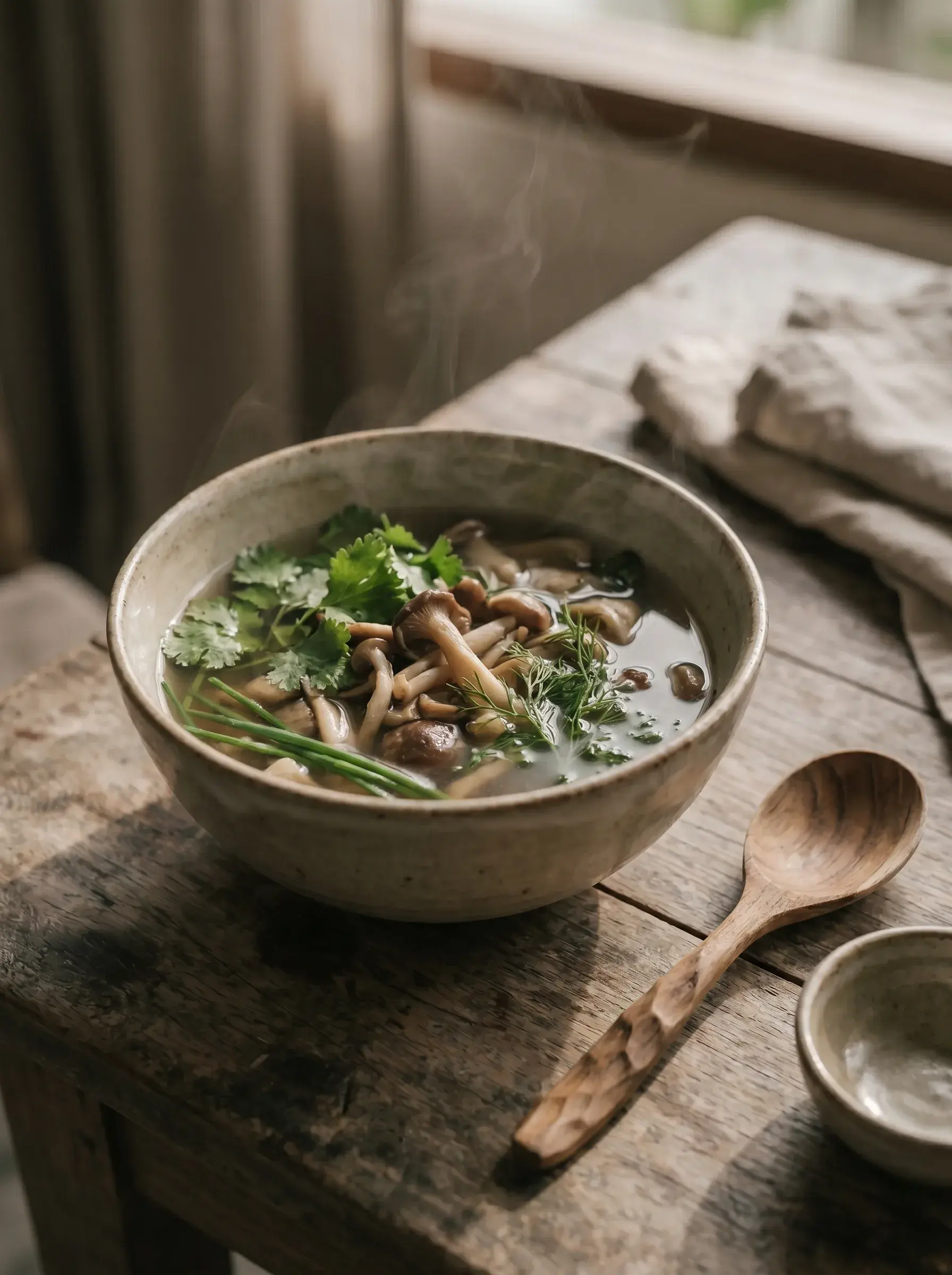 Bol de soupe asiatique fumante aux champignons shiitake et coriandre dans poterie grès vert-gris sur table bois, cuillère en bois