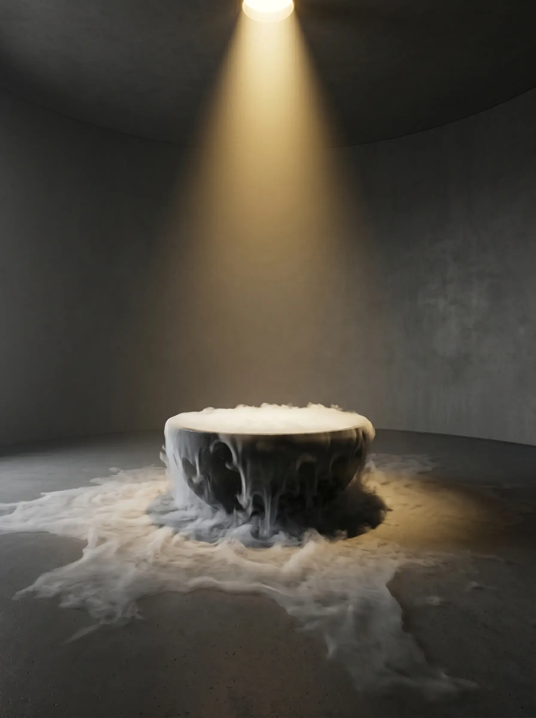 Bol en marbre blanc avec nuage de fumée noir et blanc – spot zénithal, espace béton, installation