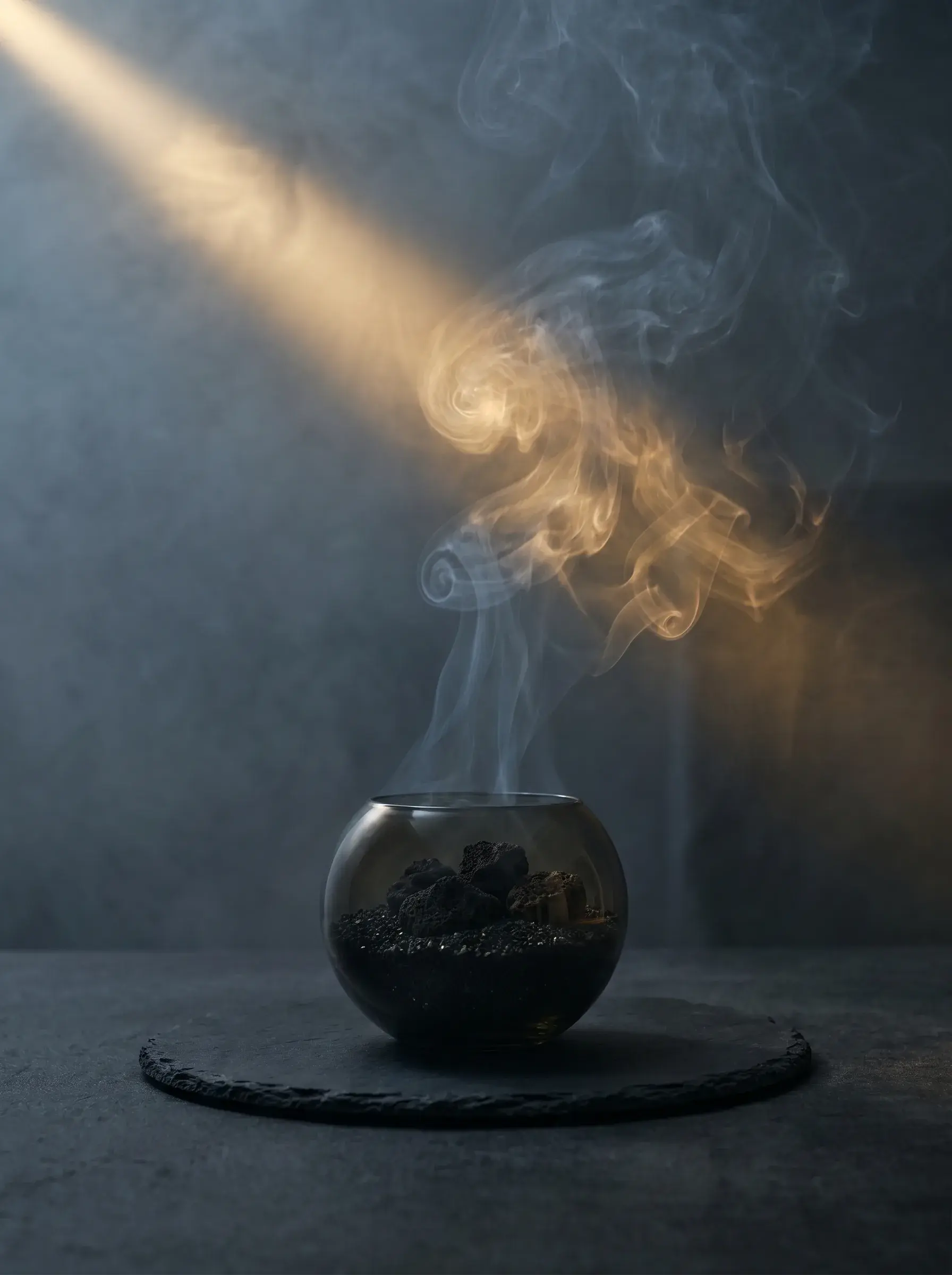 Bol encens sphérique fumant sur ardoise – rayon de lumière oblique, fond gris, spirale de fumée