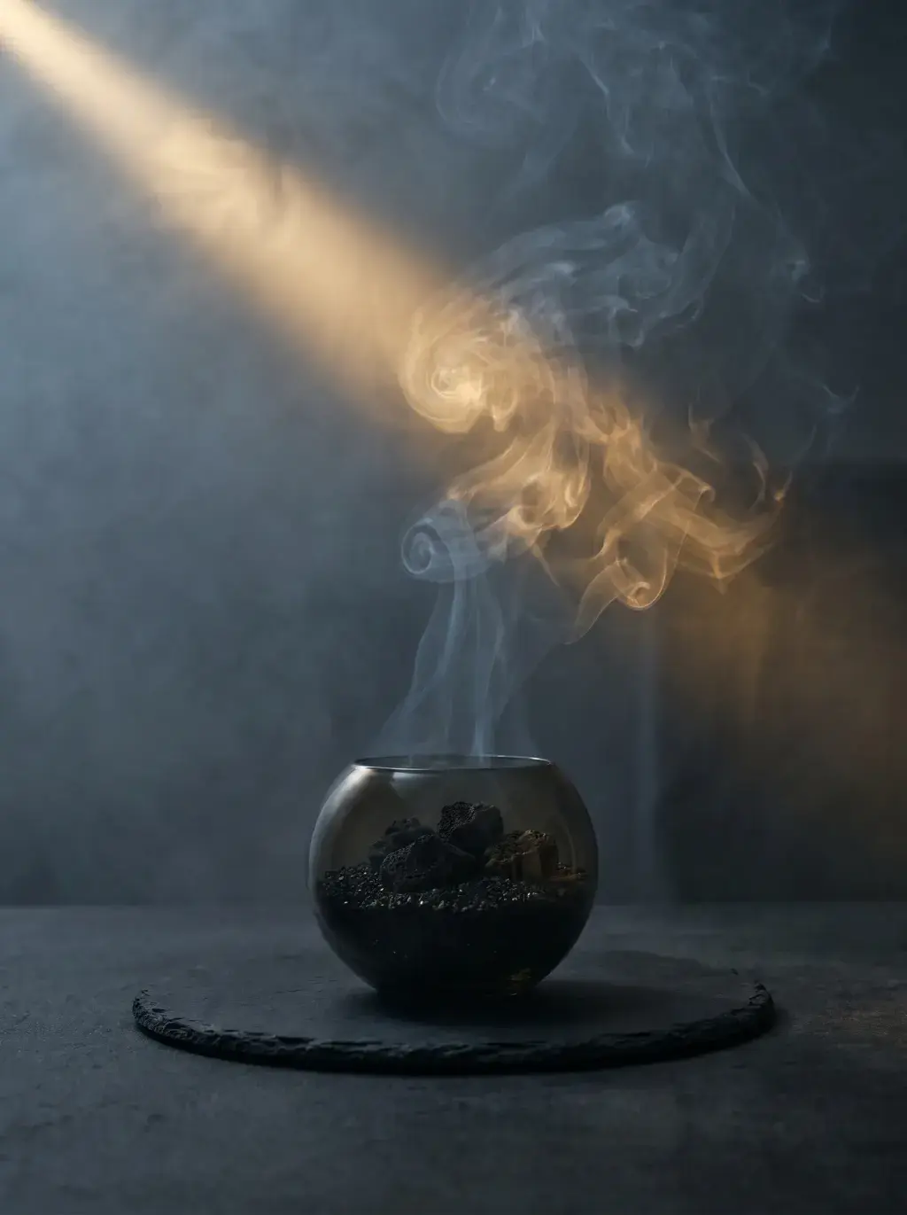 Bol encens sphérique fumant sur ardoise – rayon de lumière oblique, fond gris, spirale de fumée