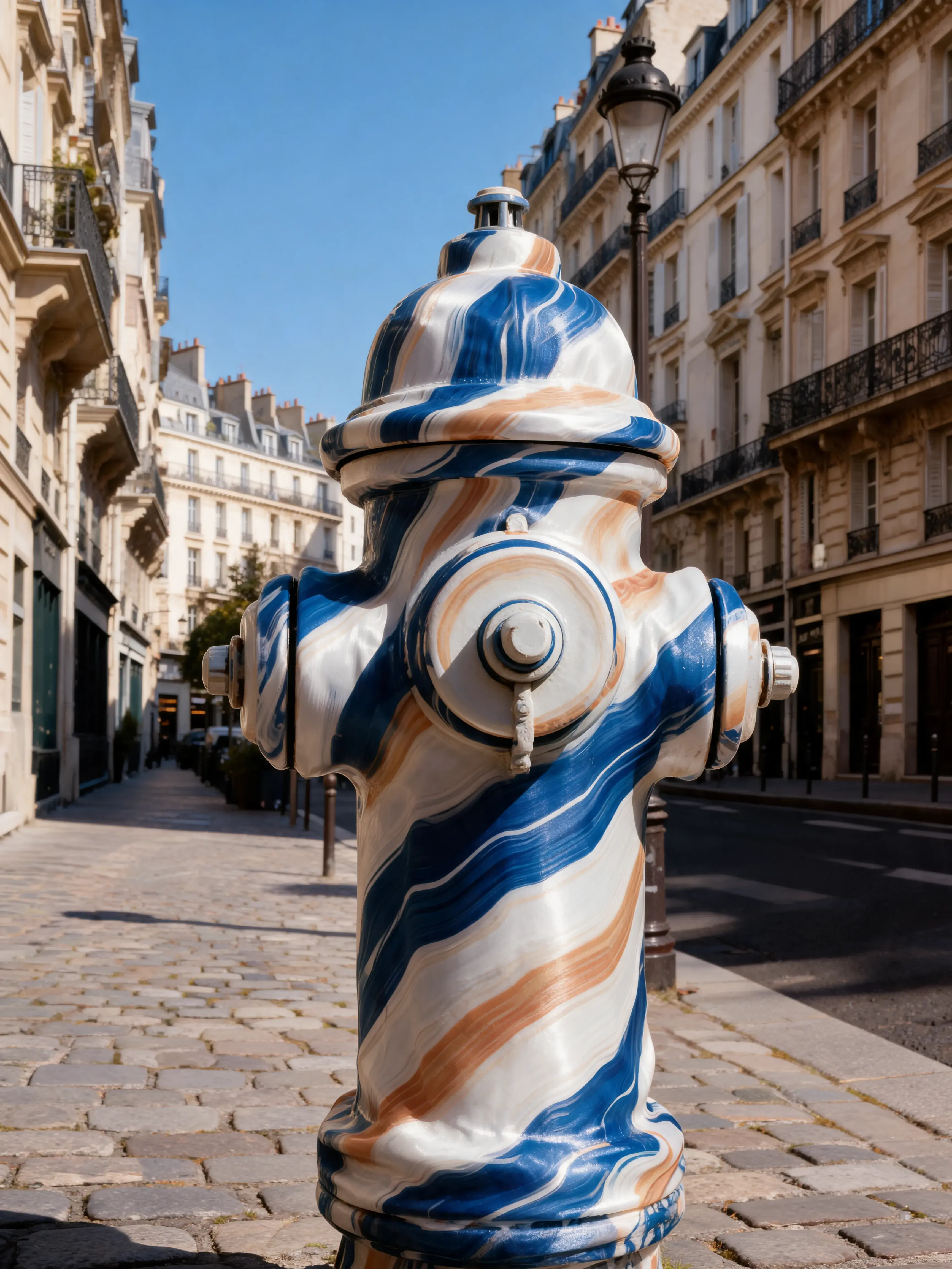 Borne incendie recouverte de matière marbré bleu et terracotta – rue pavée Paris, immeubles