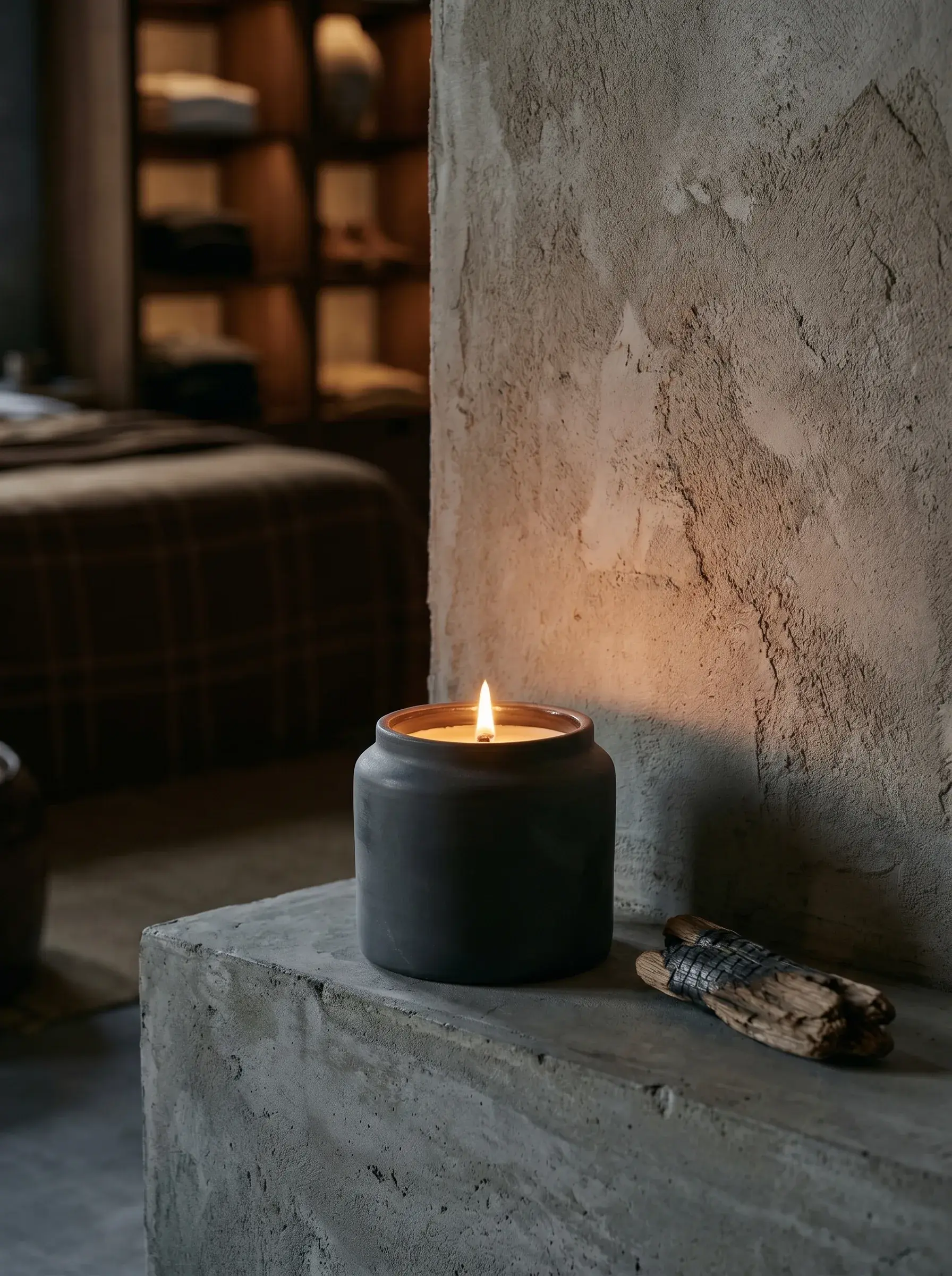 Bougie en céramique noire allumée sur un bloc de béton dans une boutique sombre