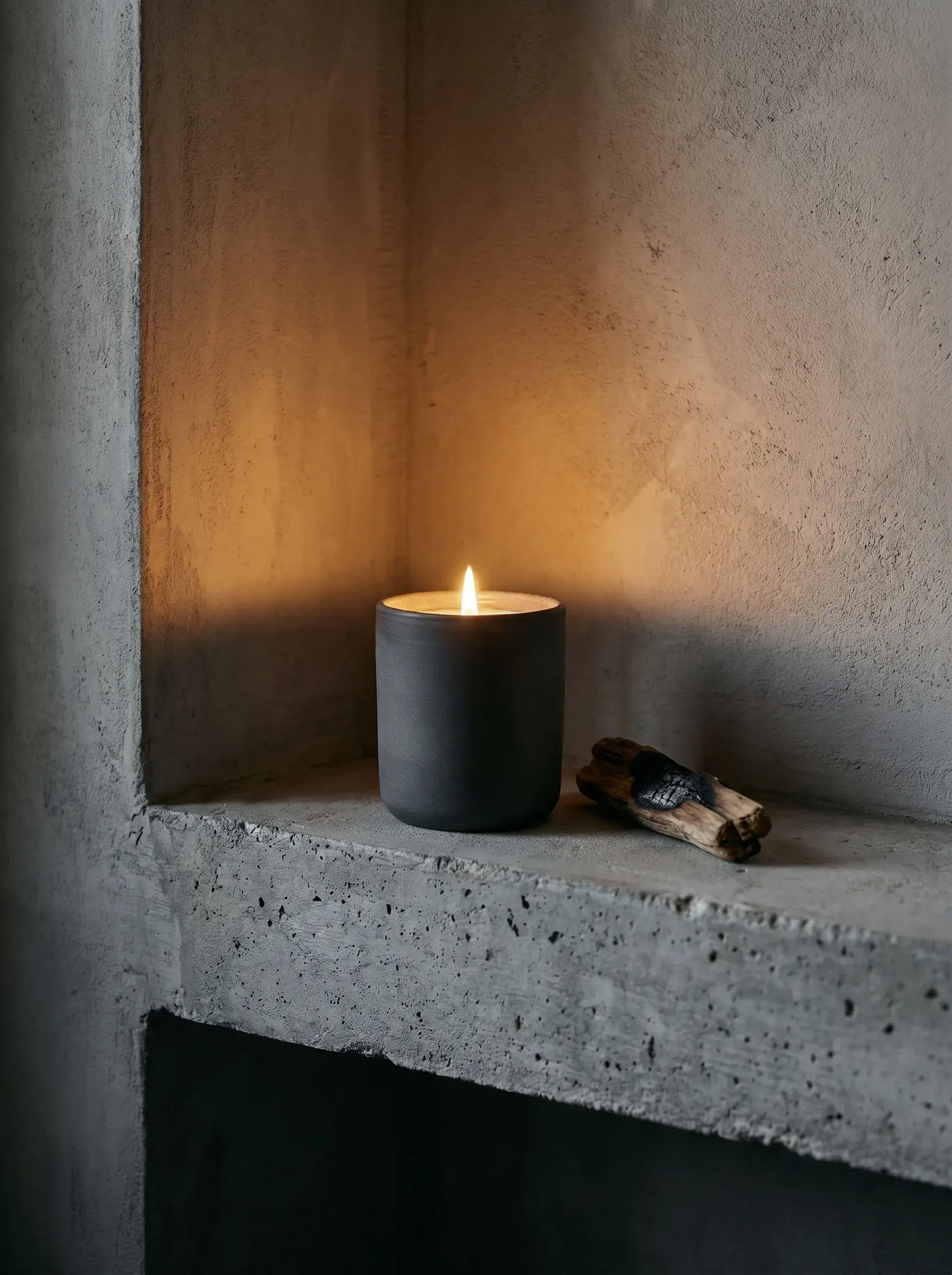 Bougie noire allumée dans un espace en béton