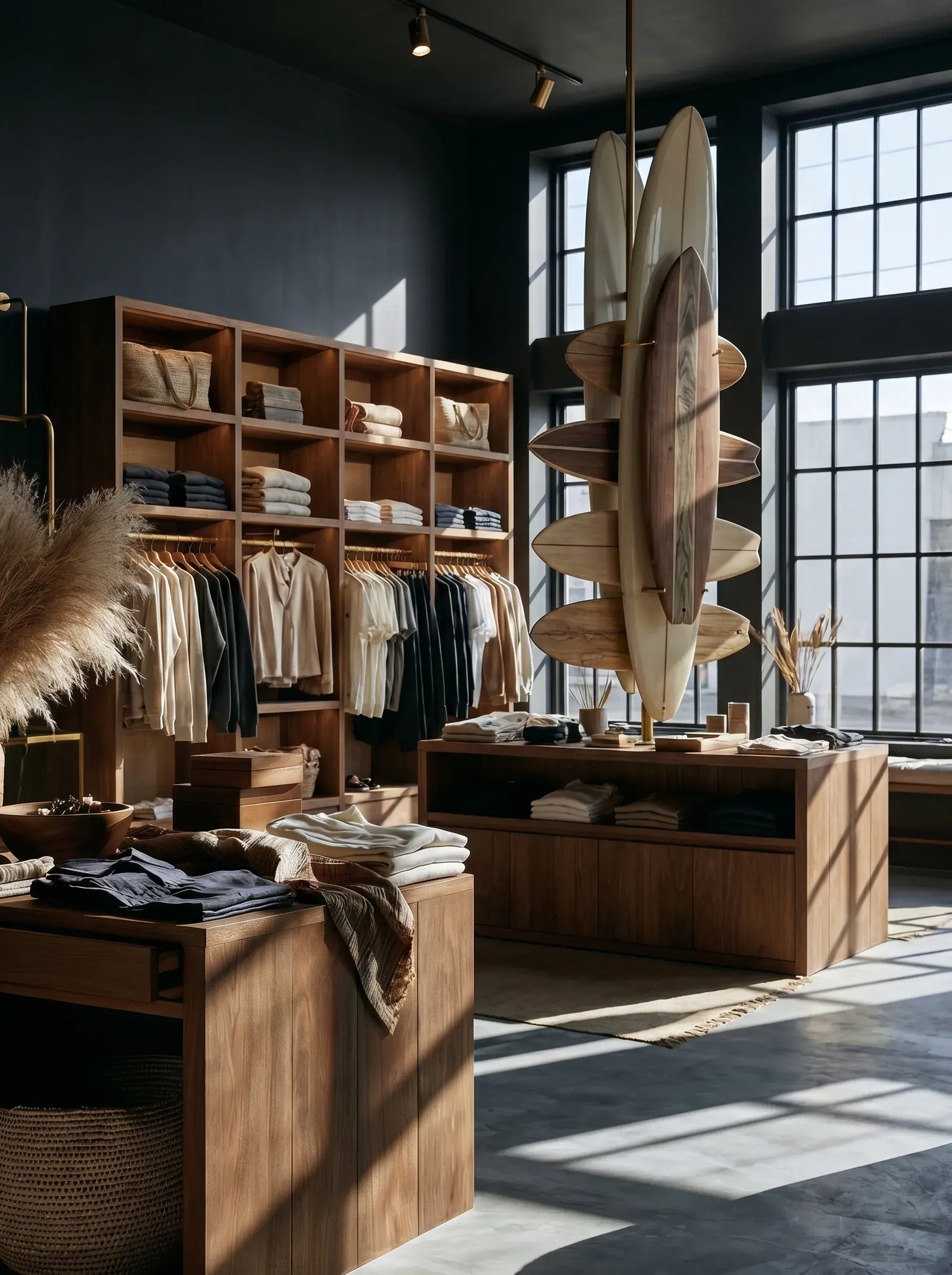 Boutique lifestyle avec planches de surf suspendues en vitrine