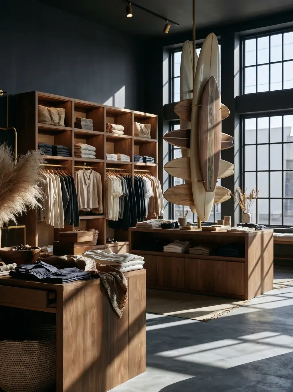 Boutique lifestyle avec planches de surf suspendues en vitrine