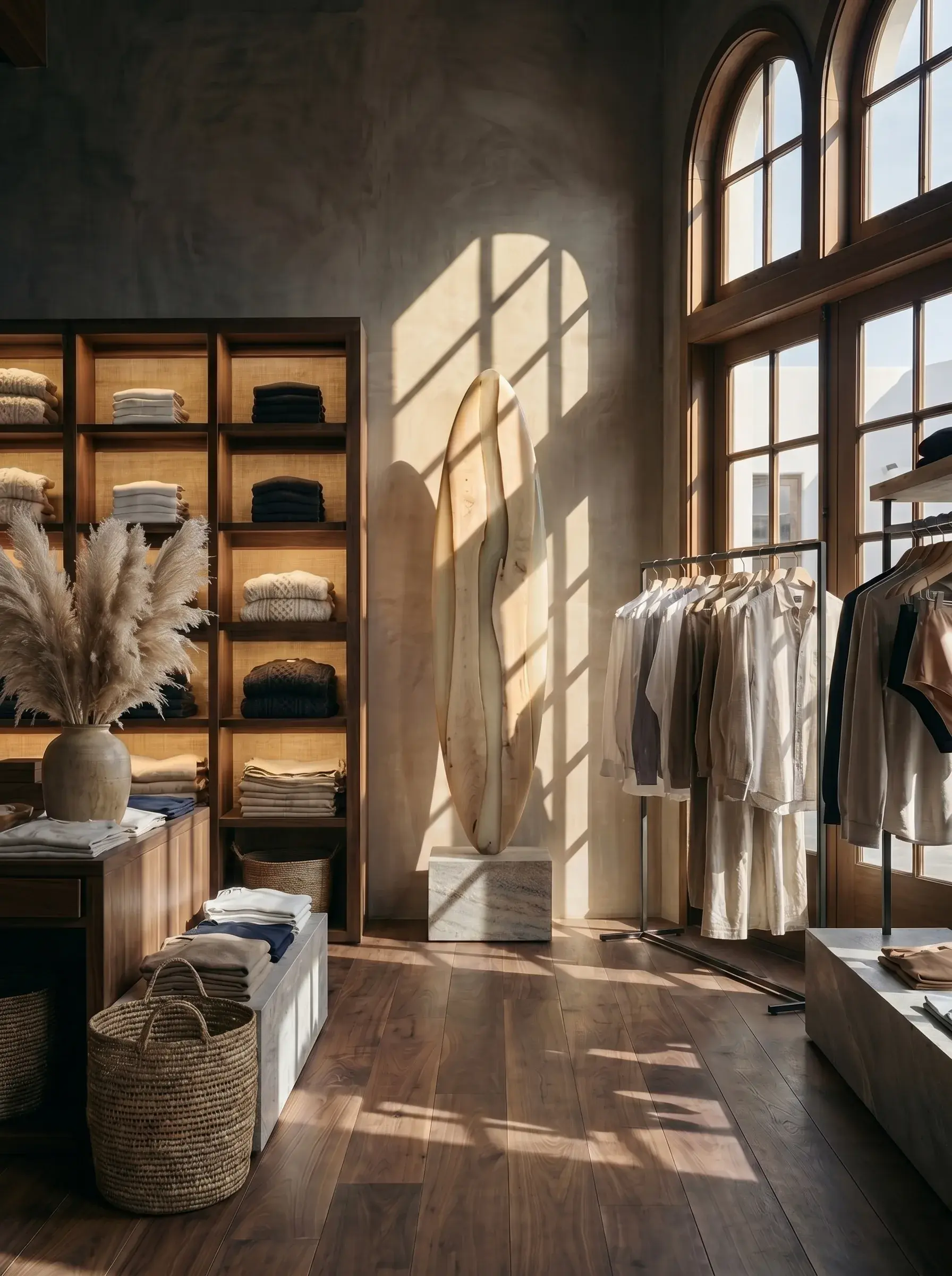 Boutique lifestyle lumineuse avec planche de surf sur socle marbre