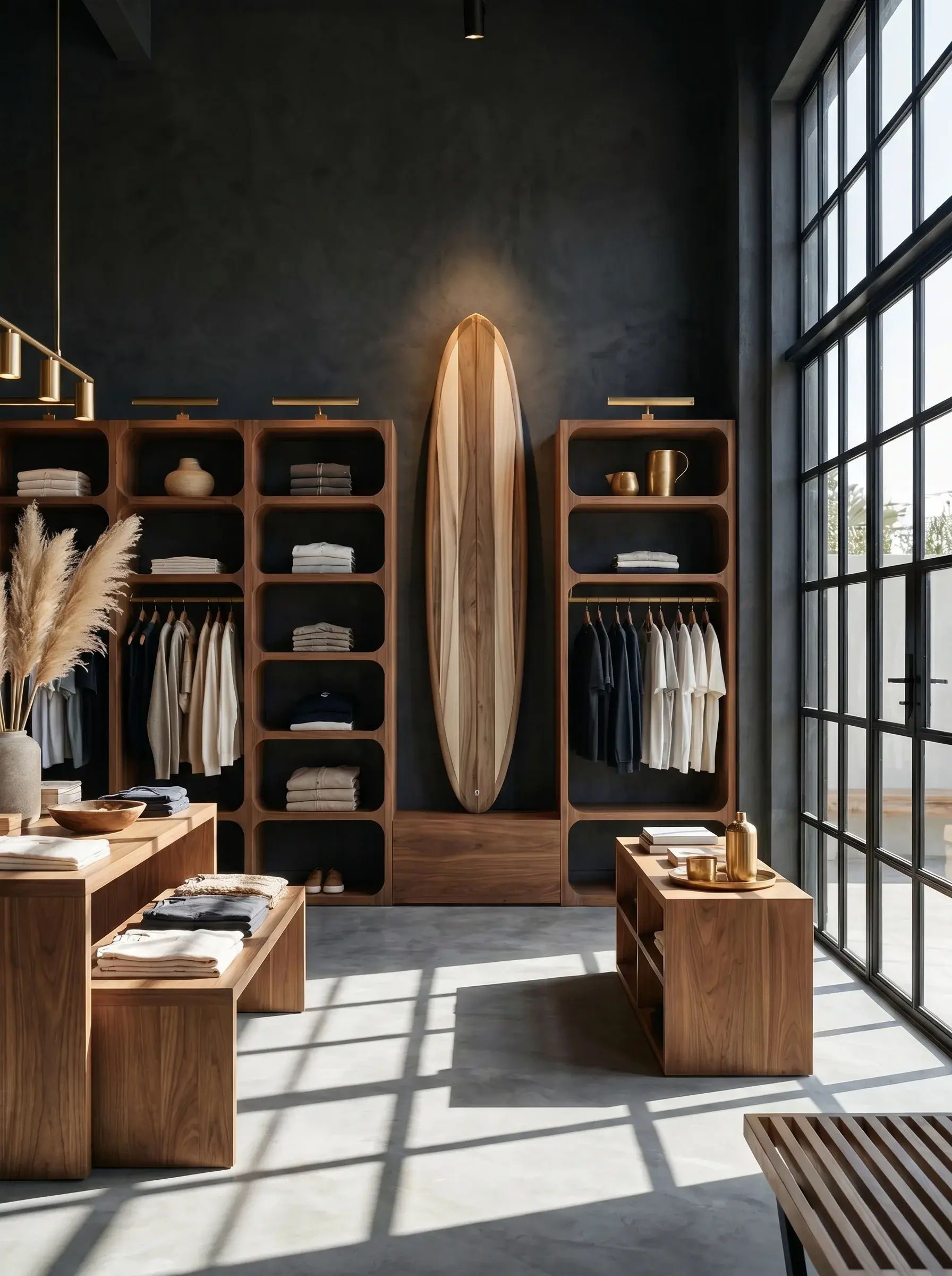 Boutique minimaliste sombre avec planche de surf comme pièce centrale