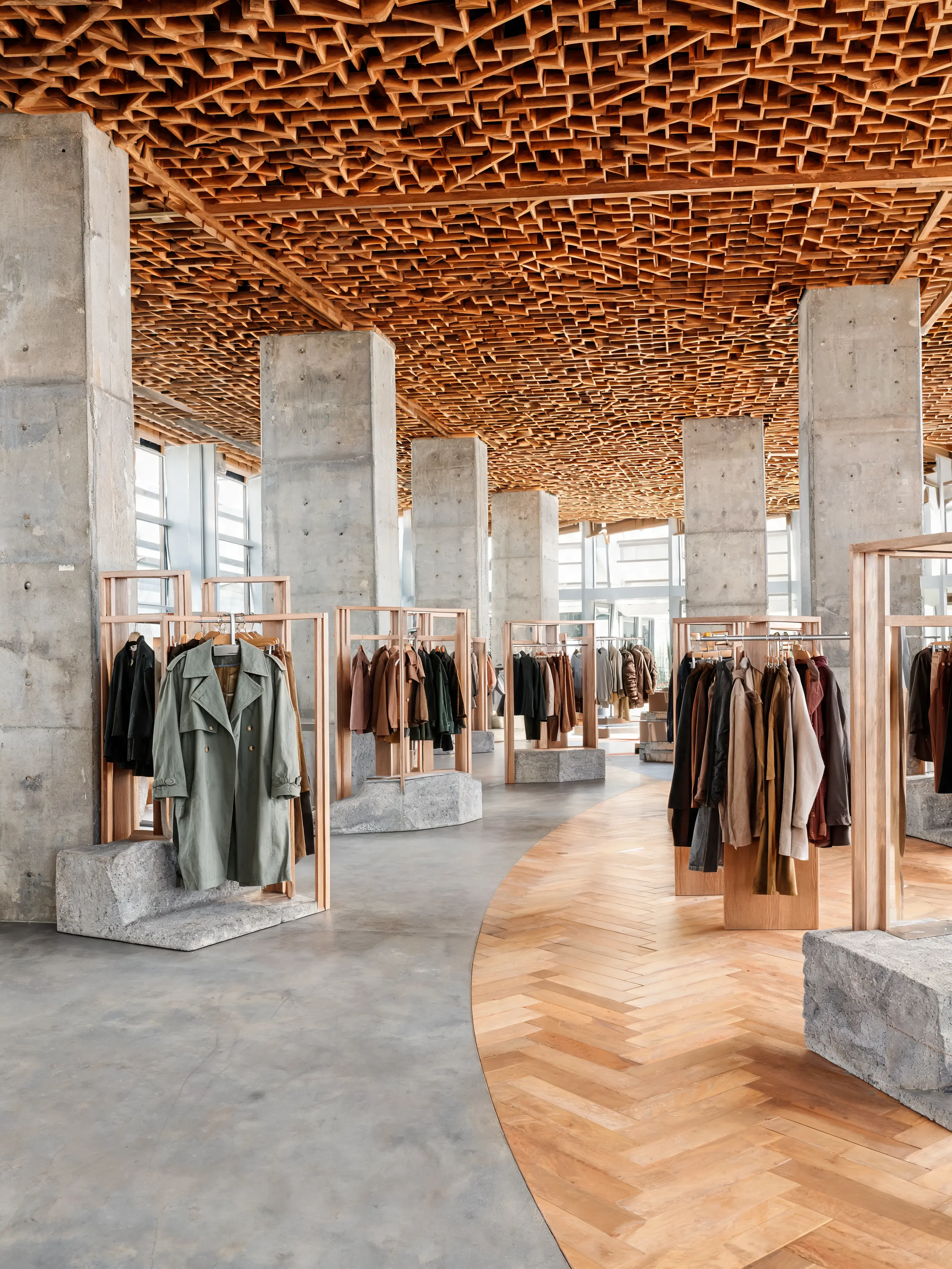 Boutique mode architecturale – plafond treillage bois, portants, colonnes béton, sol parquet